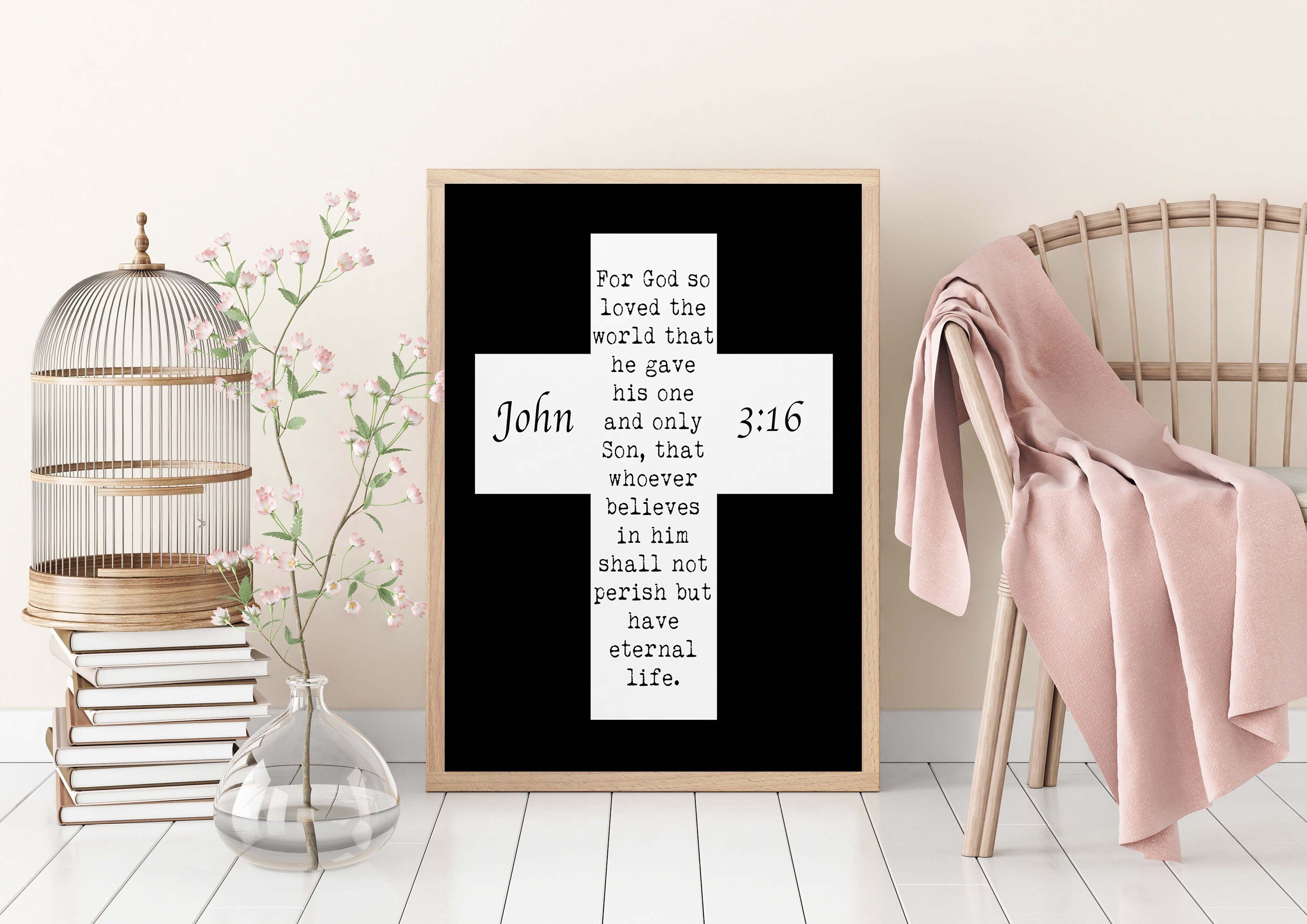 John 3:16 Bible Verse Print, For GOD So Loved The World Inspirational Gift Wall Art in Black & White