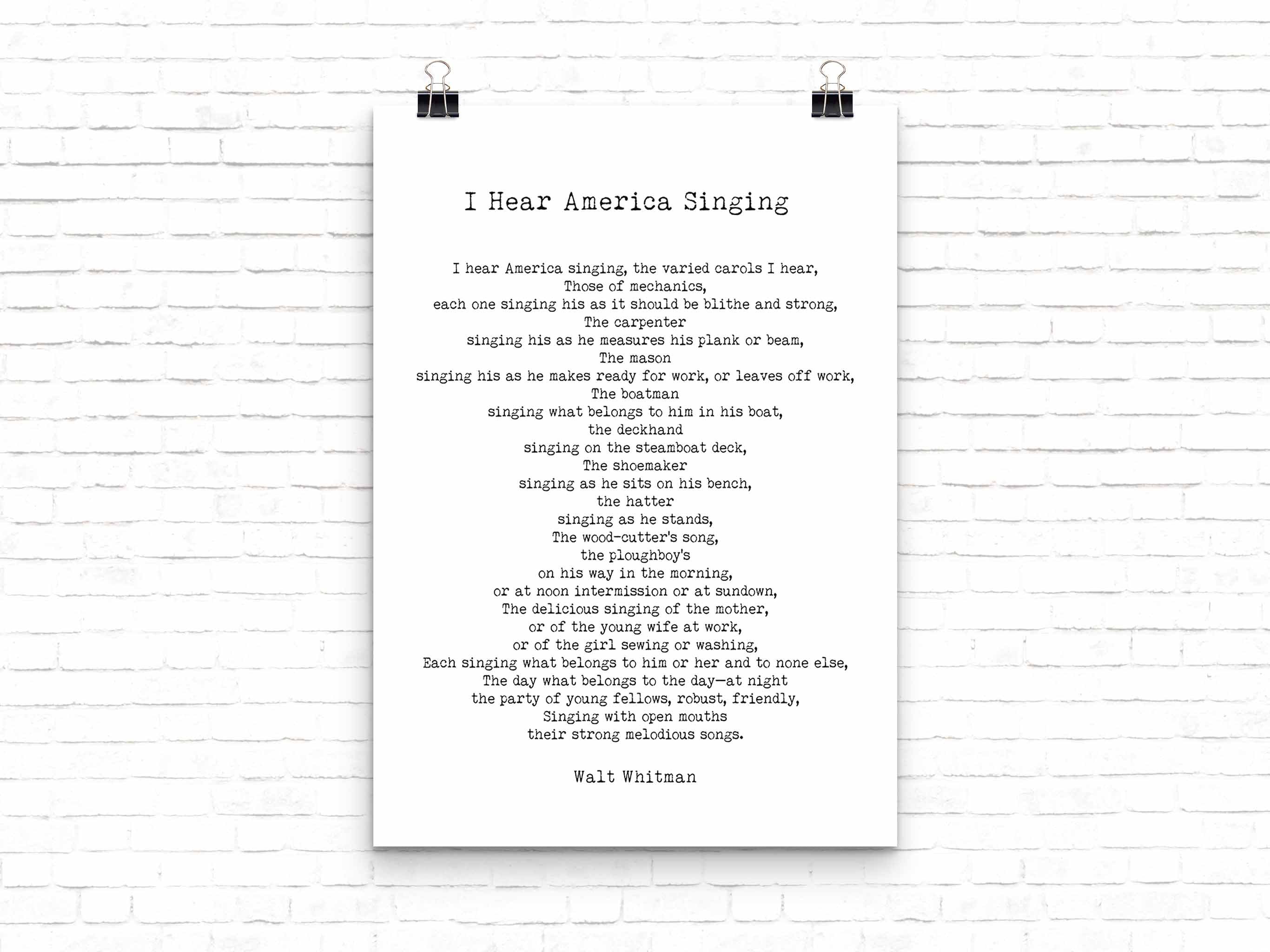 I Hear America Singing Poem, Walt Whitman Wall Art Print