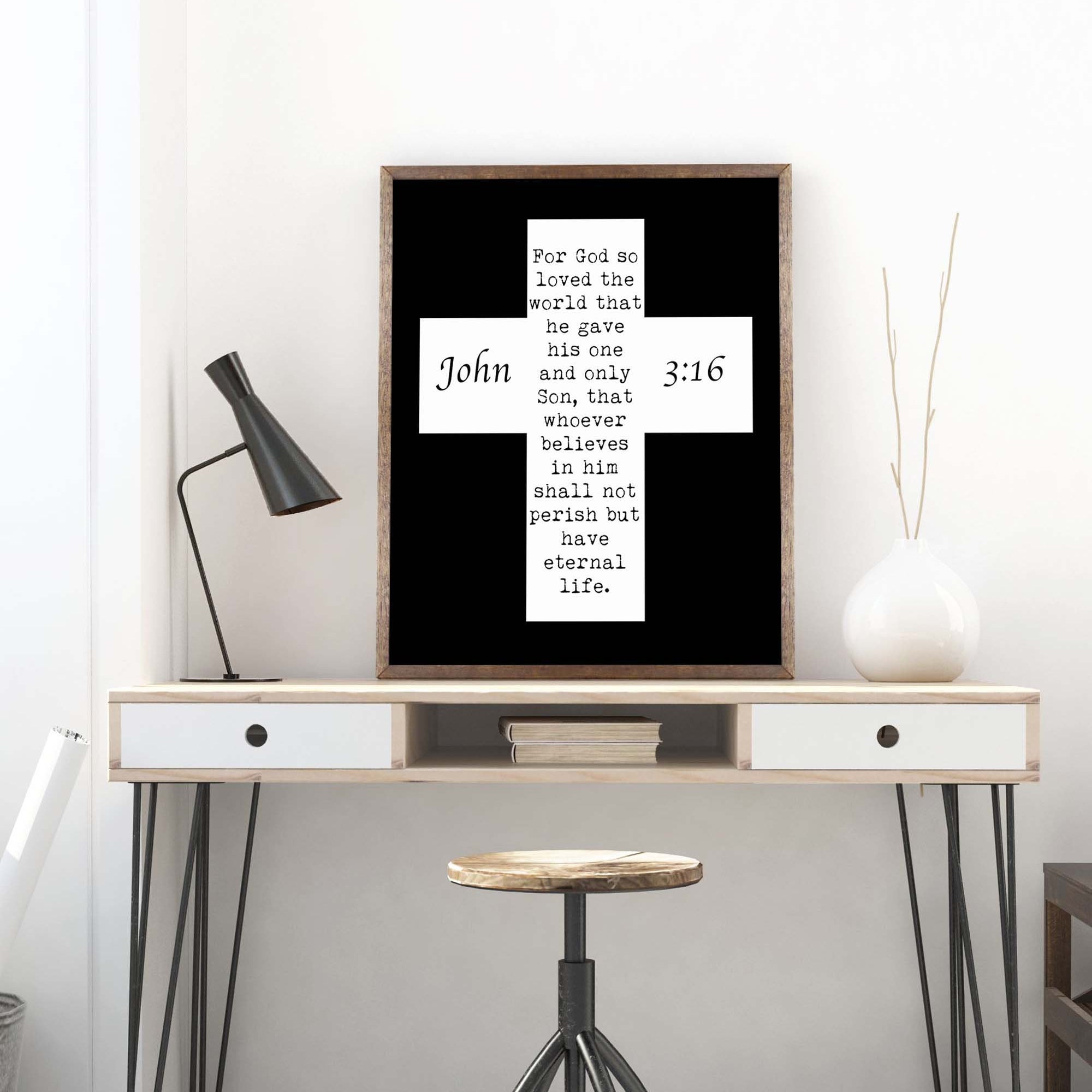 John 3:16 Bible Verse Print, For GOD So Loved The World Inspirational Gift Wall Art in Black & White
