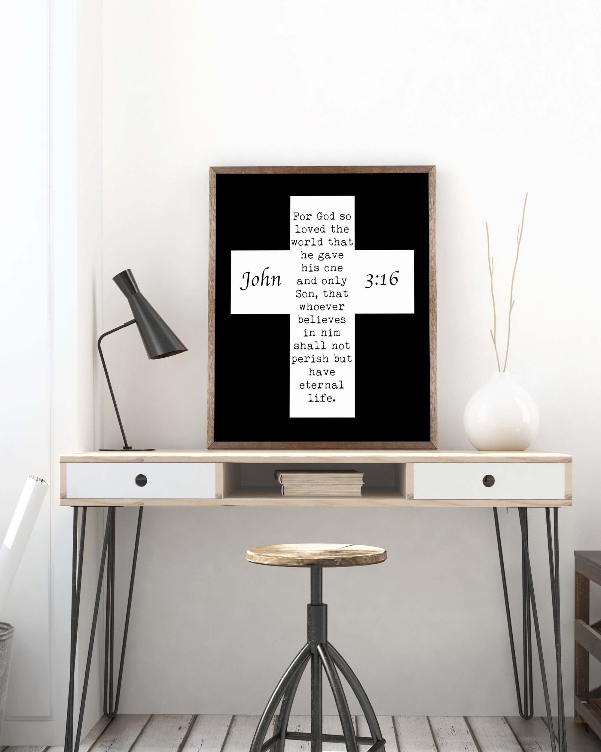John 3:16 Bible Verse Print, For GOD So Loved The World Inspirational Gift Wall Art in Black & White