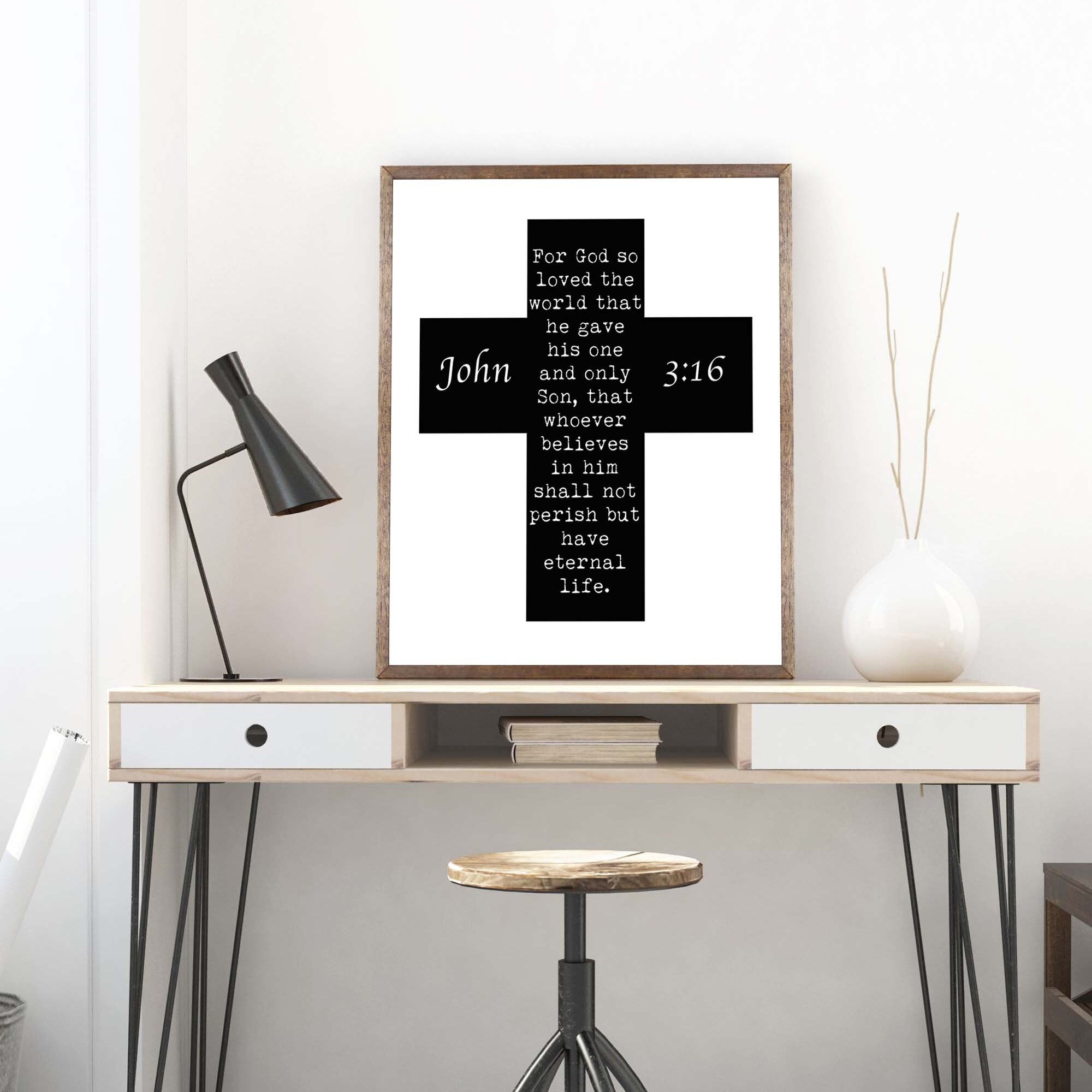 John 3:16 Bible Verse Print, For GOD So Loved The World Inspirational Gift Wall Art in Black & White