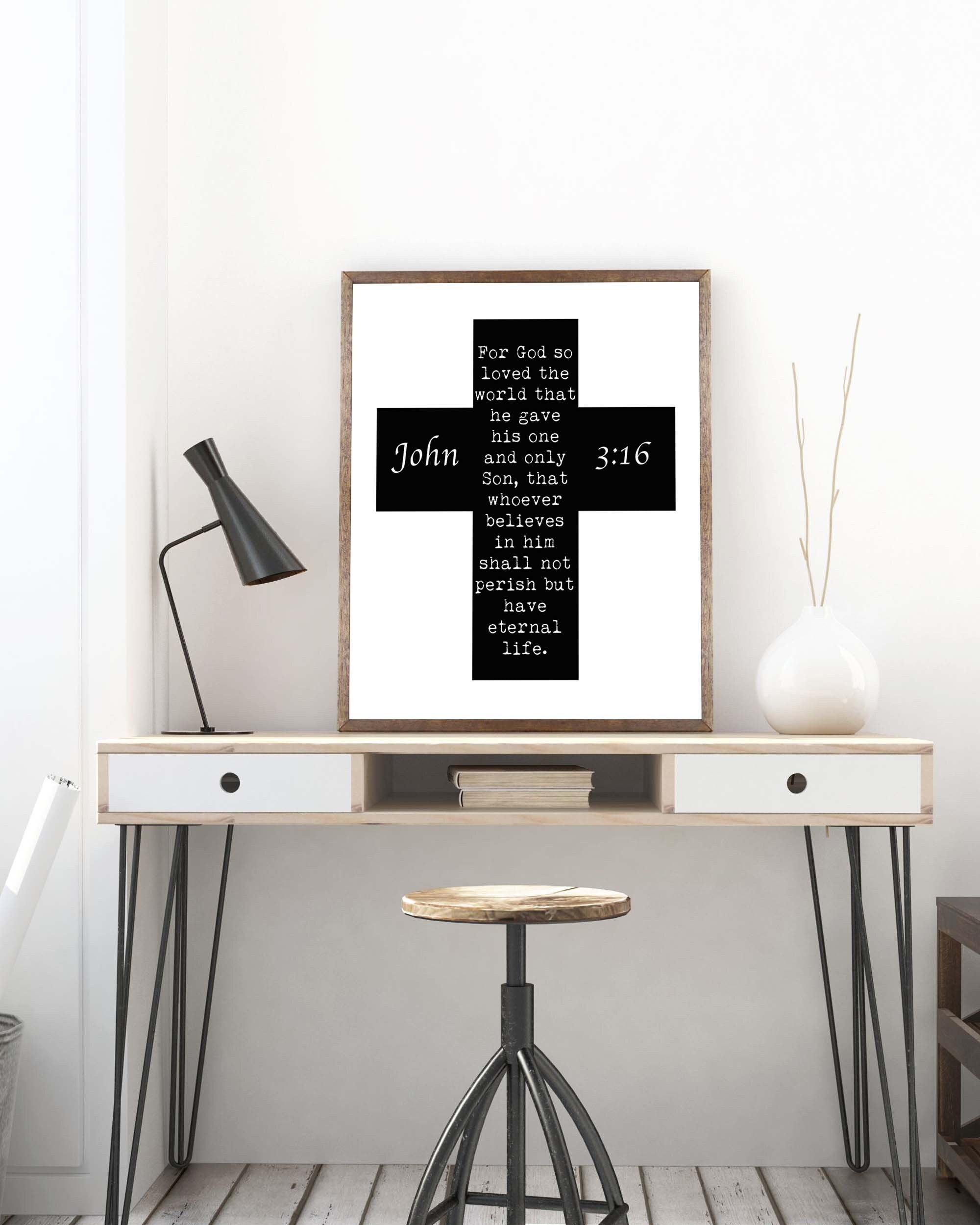 John 3:16 Bible Verse Print, For GOD So Loved The World Inspirational Gift Wall Art in Black & White