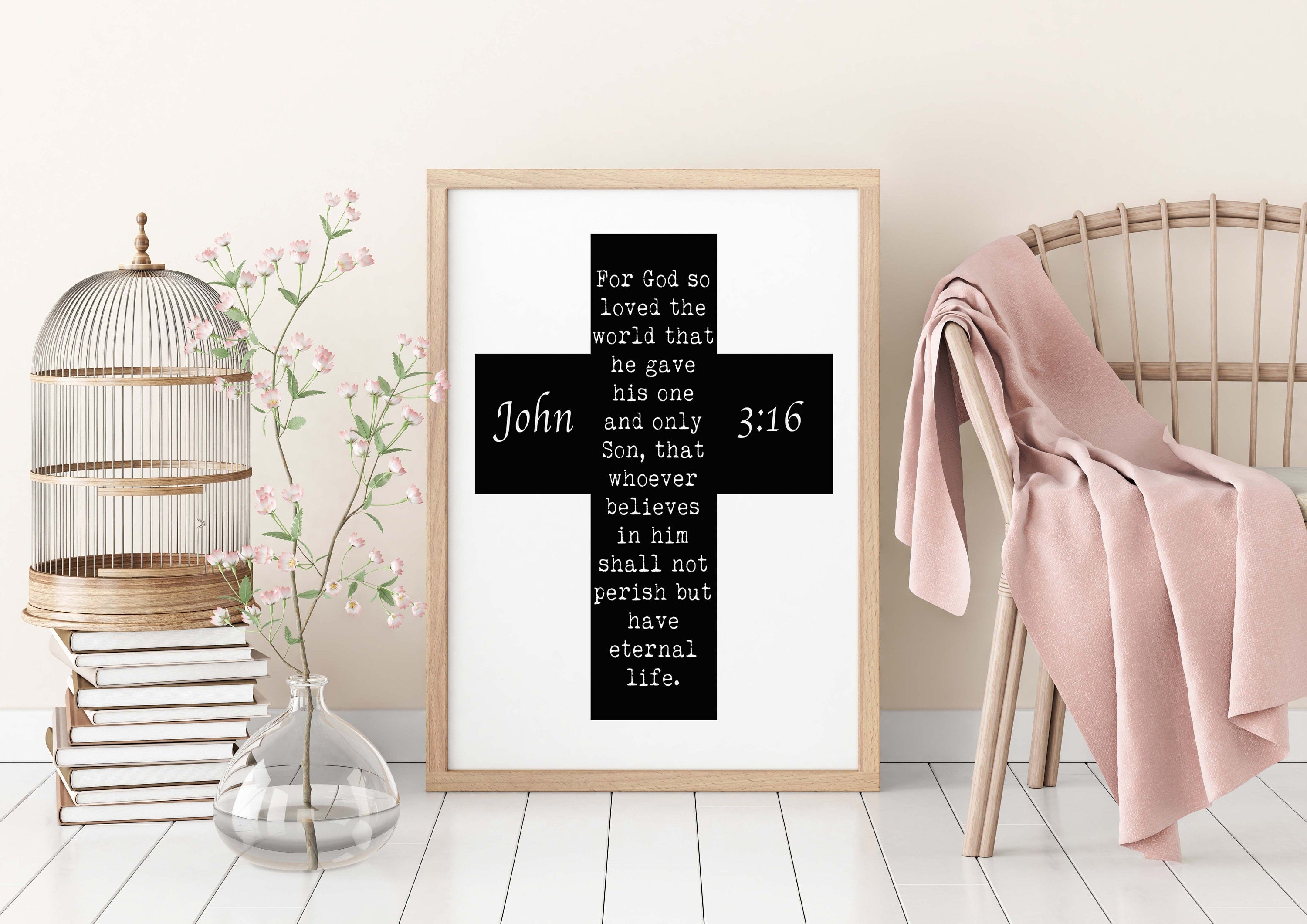 John 3:16 Bible Verse Print, For GOD So Loved The World Inspirational Gift Wall Art in Black & White