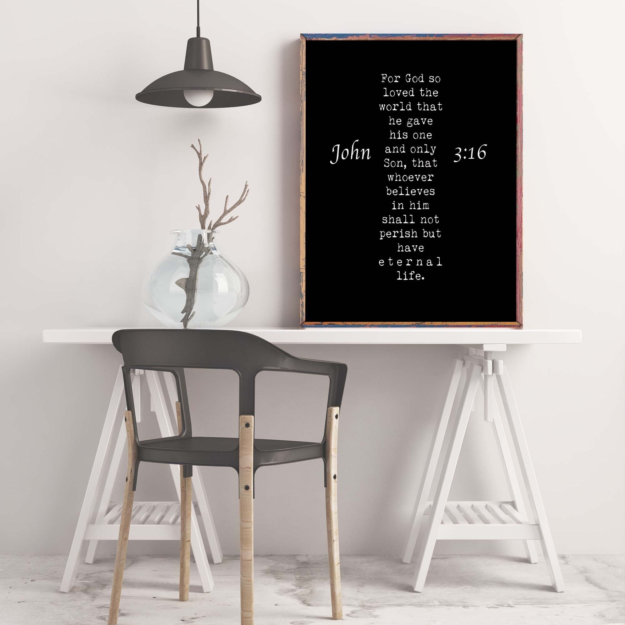 John 3:16 Bible Verse Print, For GOD So Loved The World Inspirational Gift Wall Art in Black & White