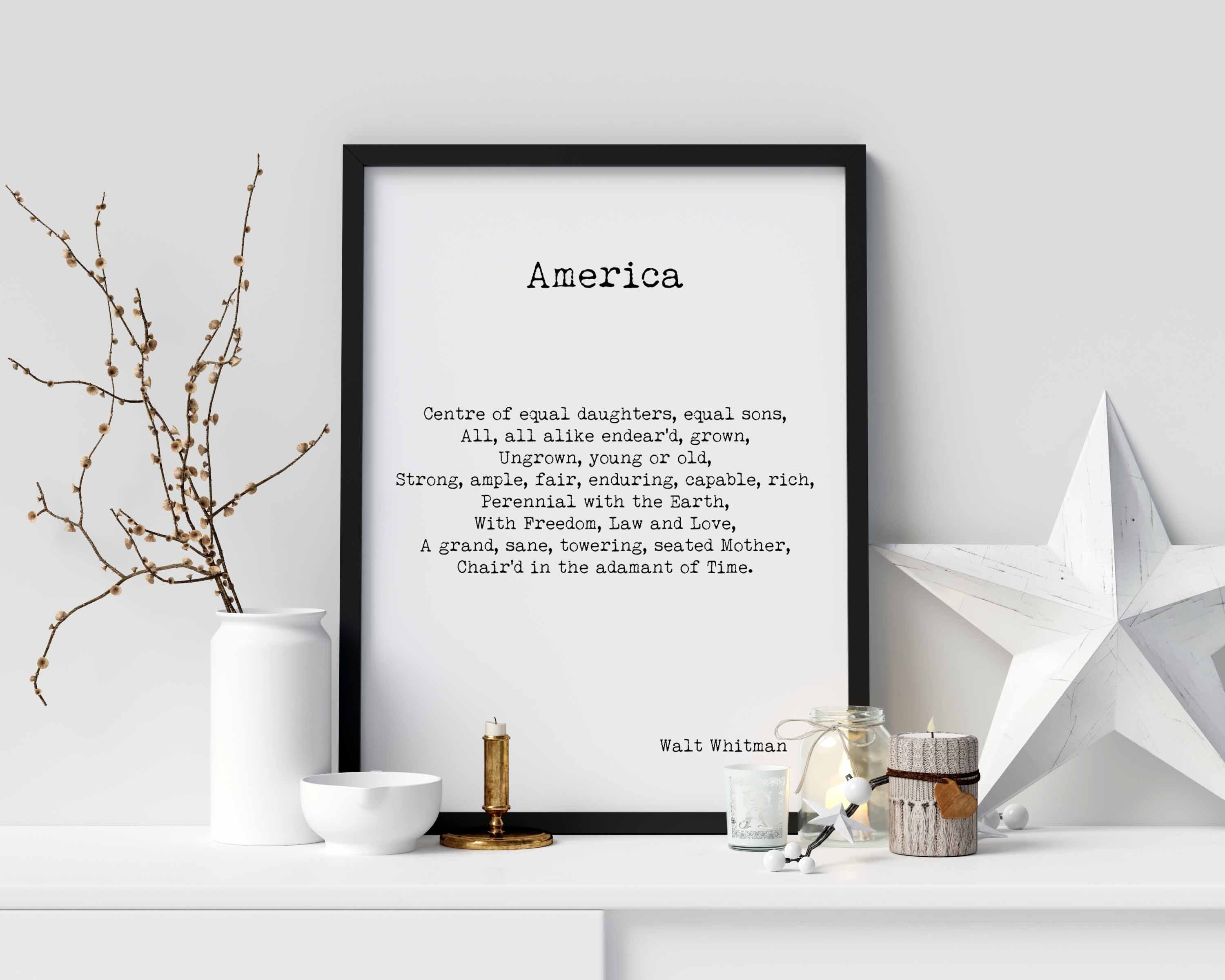 Walt Whitman America Poem Wall Art Print, Unframed Inspirational Poetry Poster in Black & White for Wall Decor