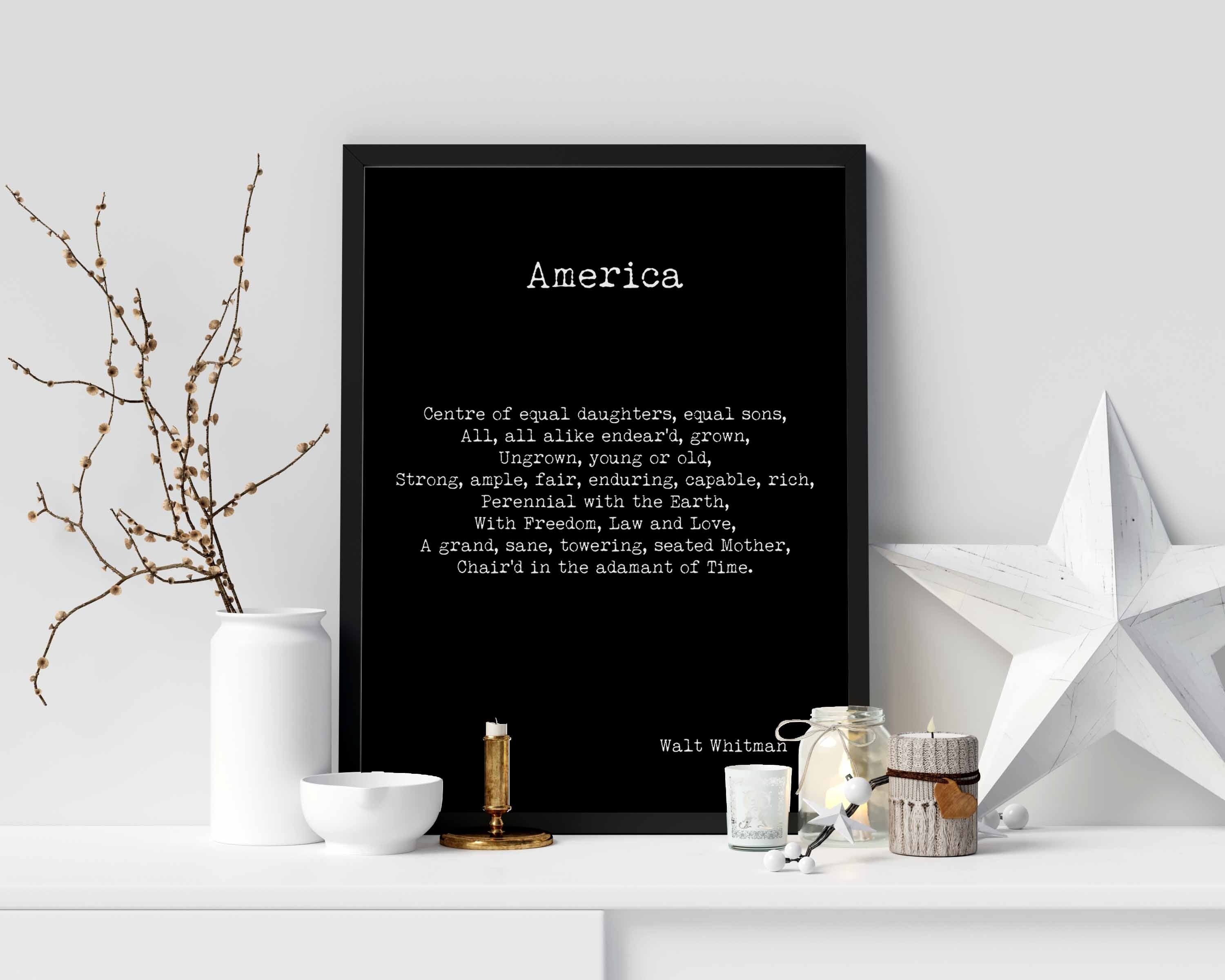 Walt Whitman America Poem Wall Art Print, Unframed Inspirational Poetry Poster in Black & White for Wall Decor