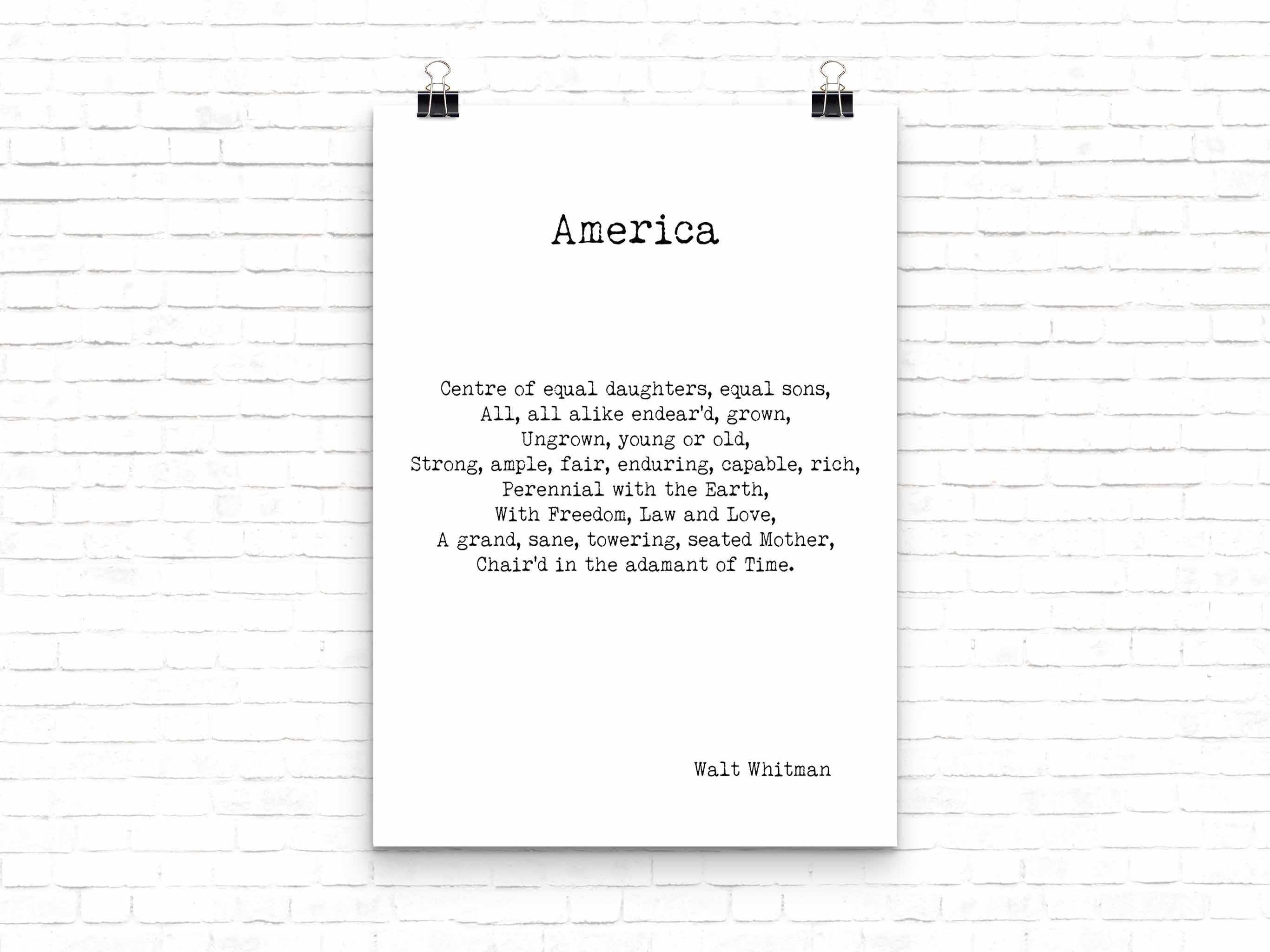 Walt Whitman America Poem Wall Art Print, Unframed Inspirational Poetry Poster in Black & White for Wall Decor