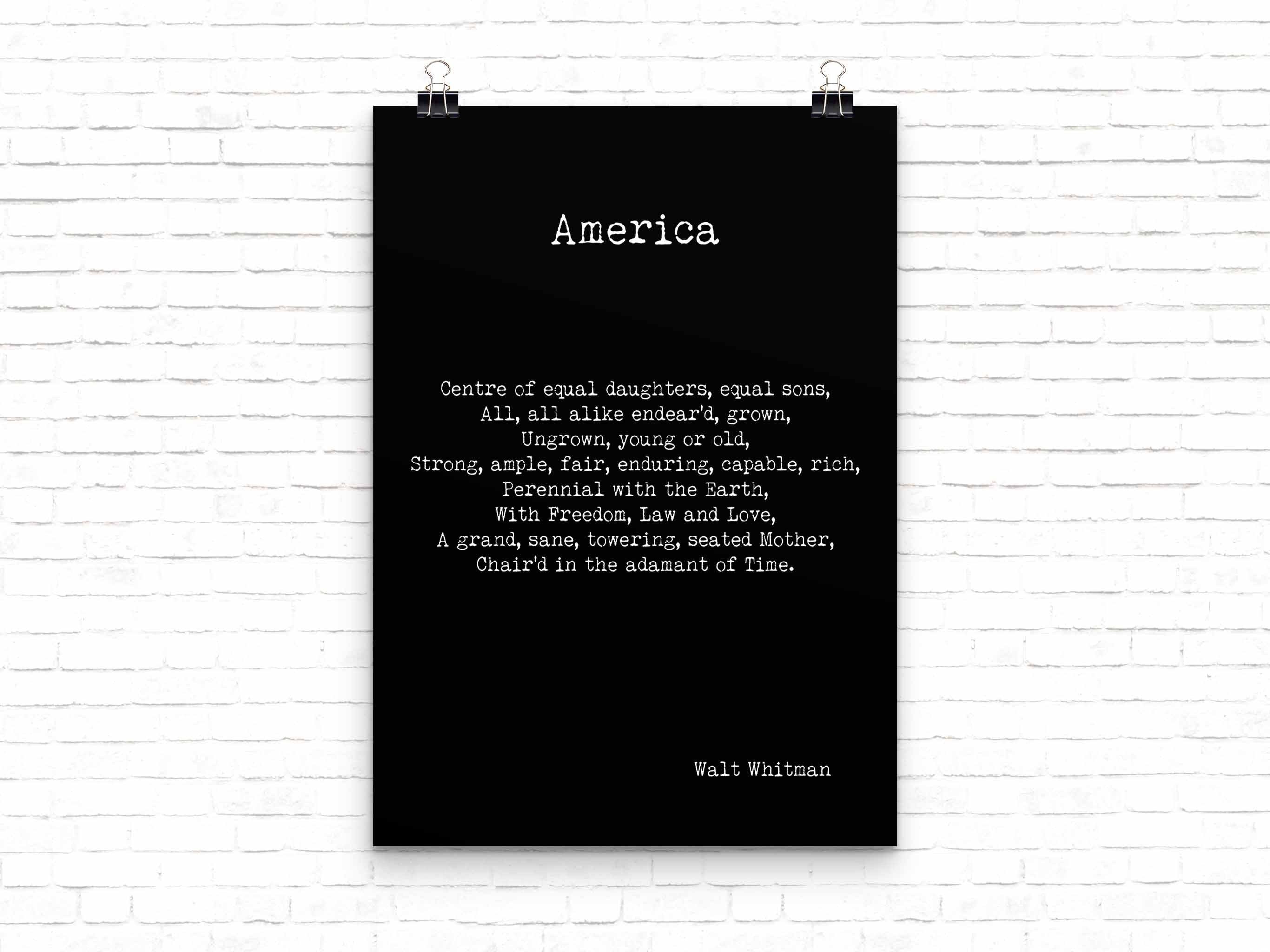 Walt Whitman America Poem Wall Art Print, Unframed Inspirational Poetry Poster in Black & White for Wall Decor