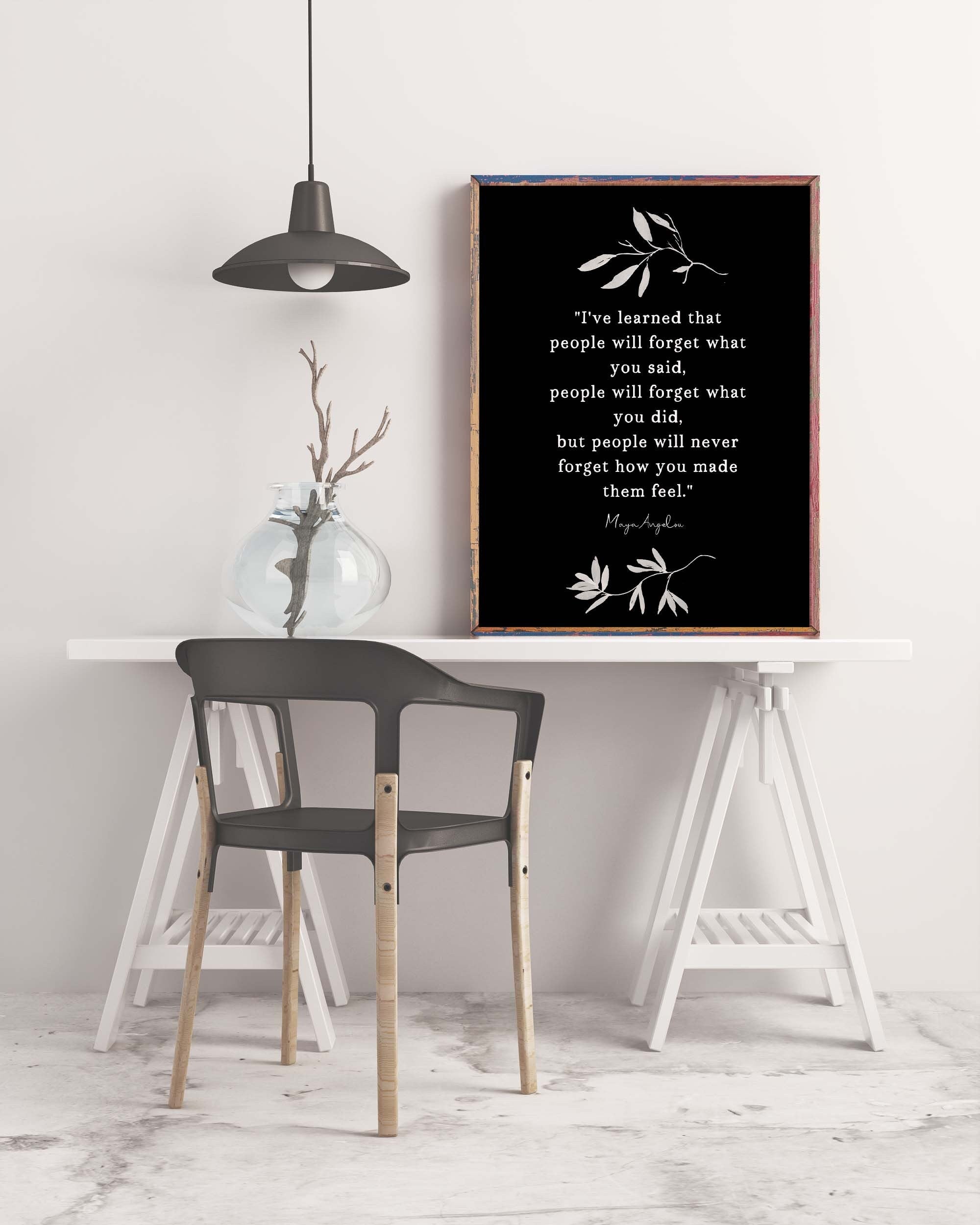 Maya Angelou I've Learned Inspirational Quote Print Minimalist Art, Unframed or Framed People Will Remember How You Made Them Feel