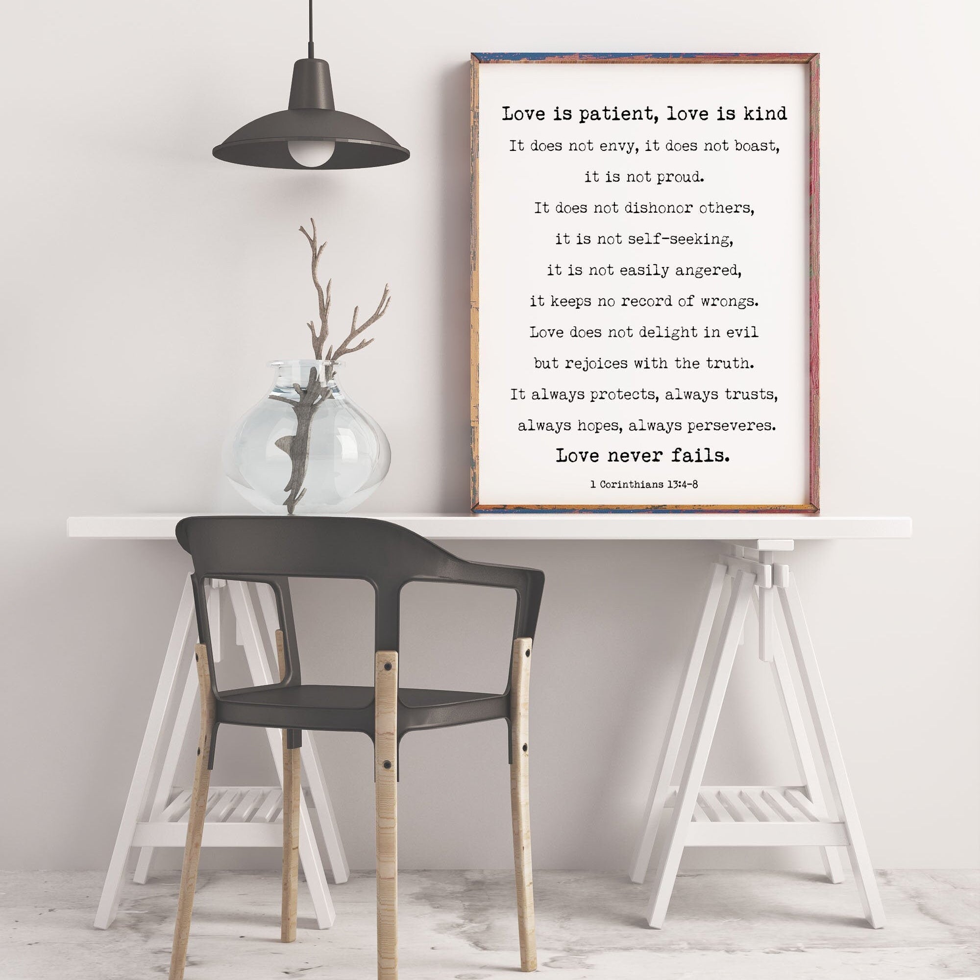 Corinthians 13 Quote Print, Love is Patient Love Never Fails Wall Art Print in Black & White