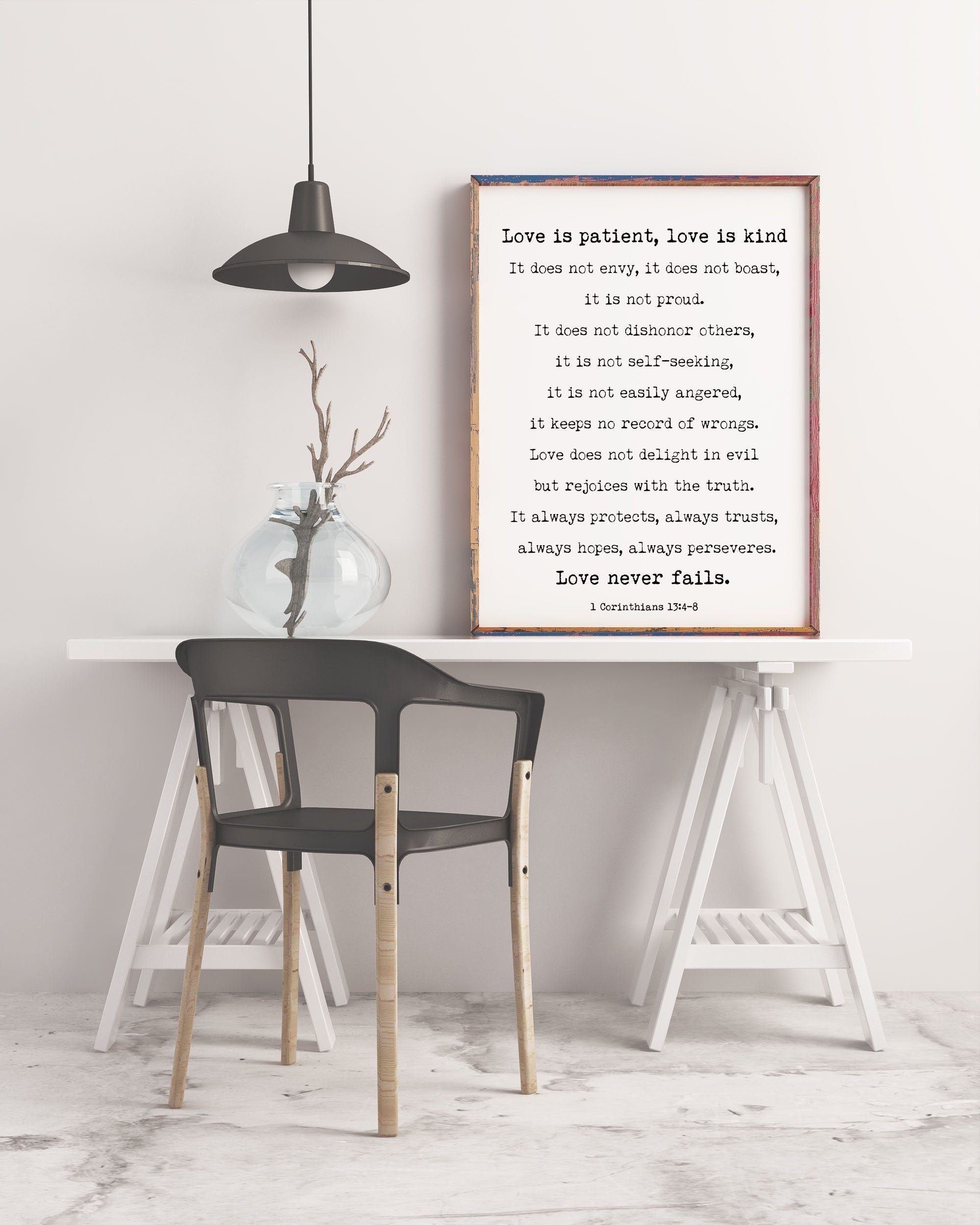 Corinthians 13 Quote Print, Love is Patient Love Never Fails Wall Art Print in Black & White