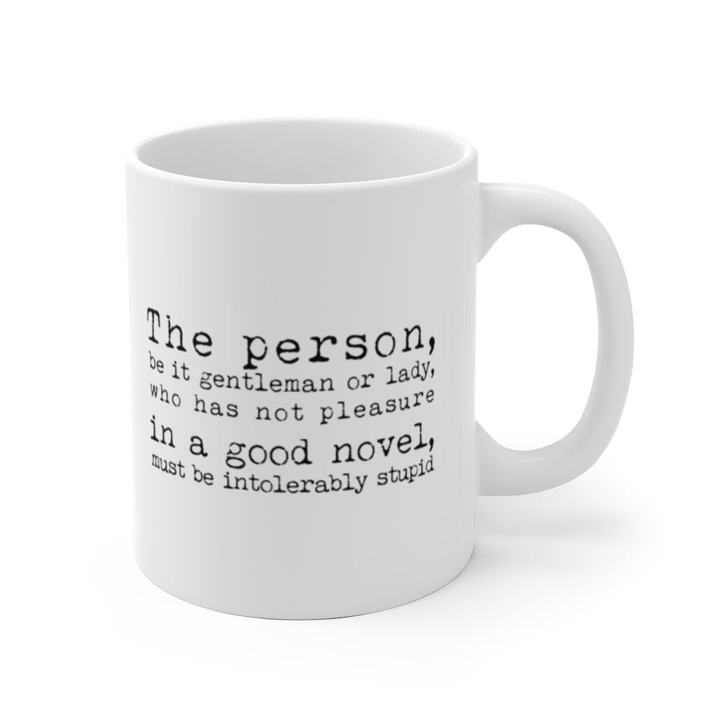Book Lover Gift Coffee Mug with Jane Austen Quote - Pleasure in a Good Novel
