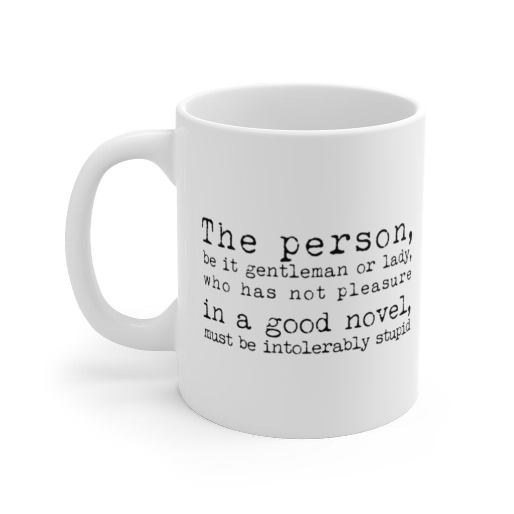 Book Lover Gift Coffee Mug with Jane Austen Quote - Pleasure in a Good Novel