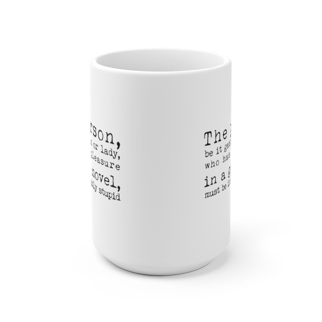 Book Lover Gift Coffee Mug with Jane Austen Quote - Pleasure in a Good Novel