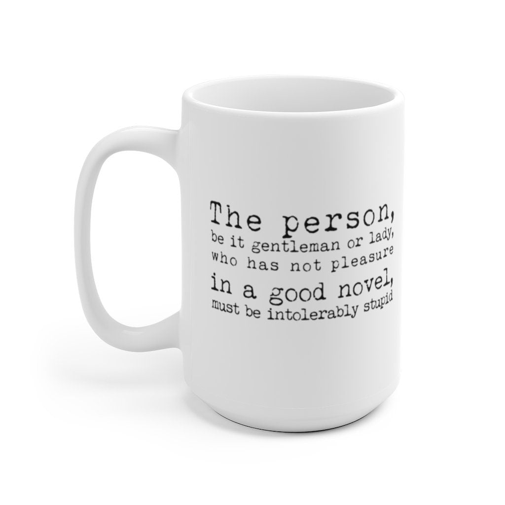 Book Lover Gift Coffee Mug with Jane Austen Quote - Pleasure in a Good Novel