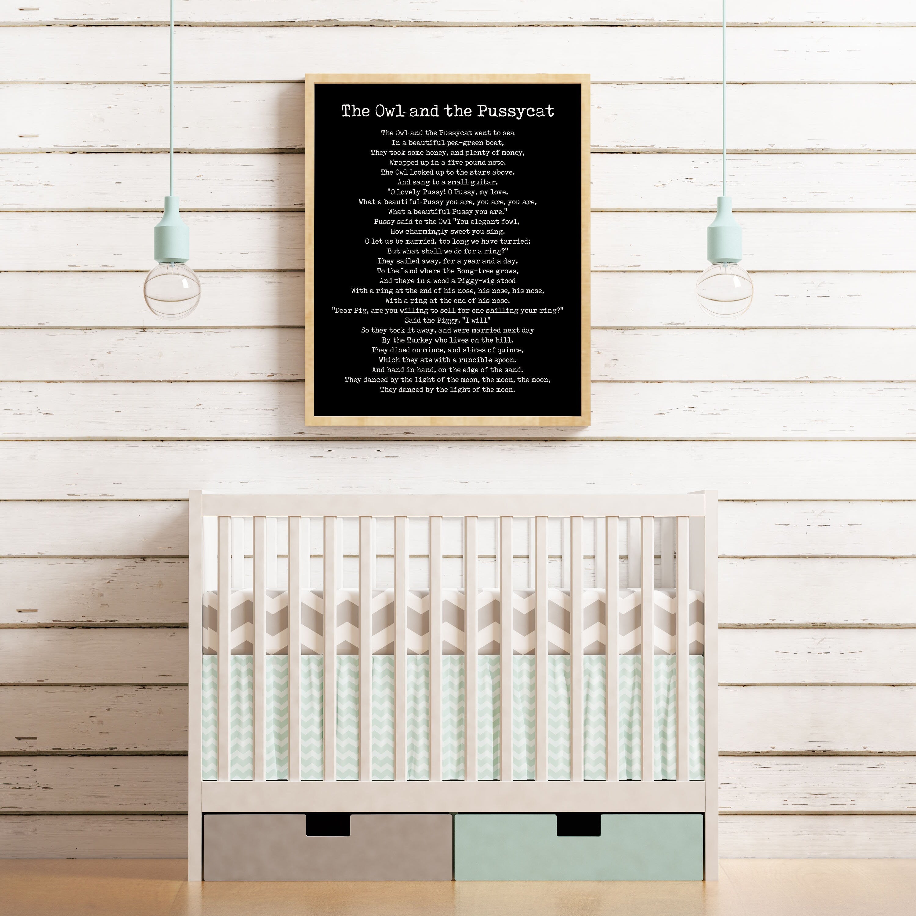 The Owl And The Pussycat Nursery Rhyme Wall Art Prints in Black & White, Unframed Nursery Wall Art