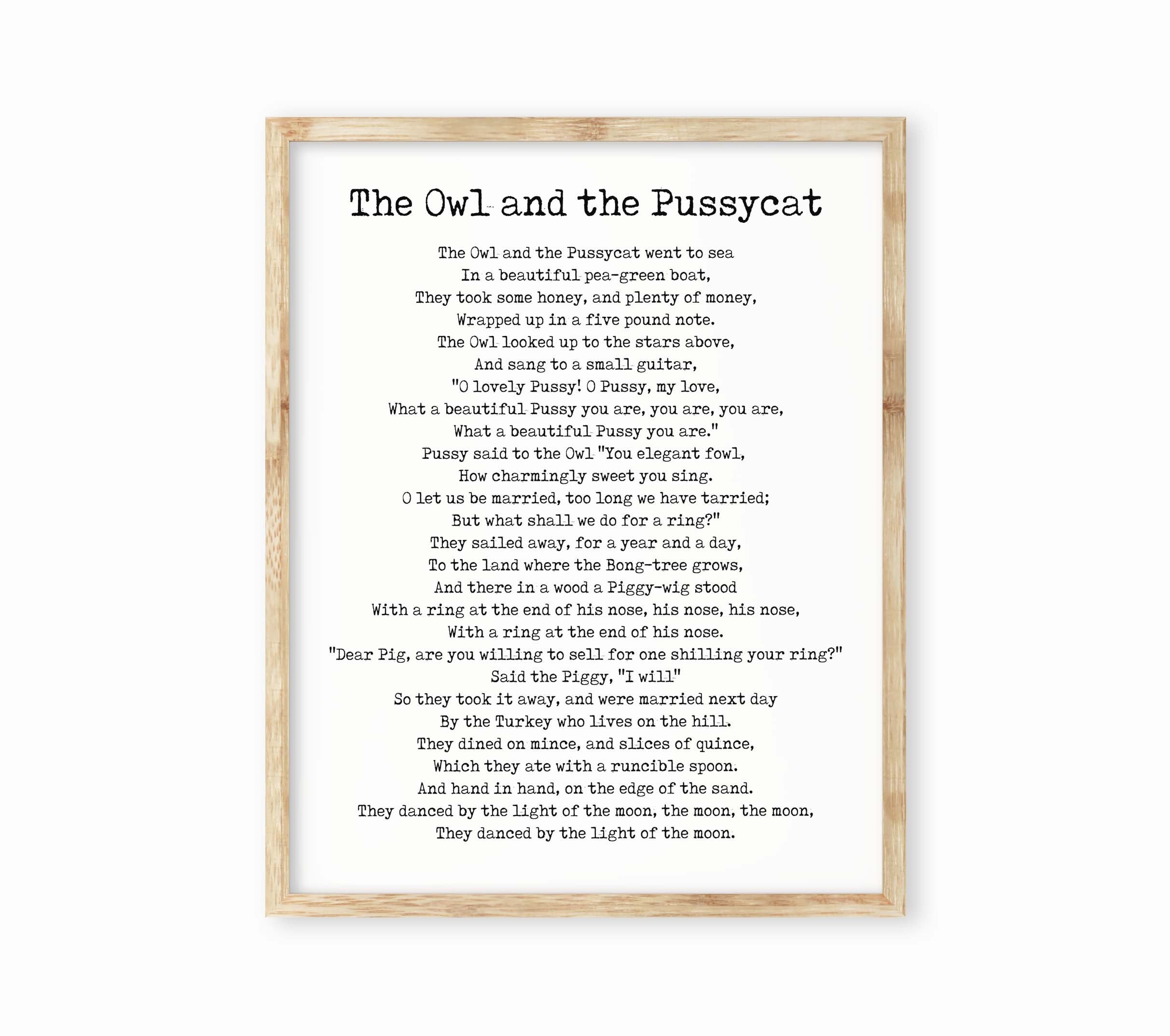 The Owl And The Pussycat Nursery Rhyme Wall Art Prints in Black & White, Unframed Nursery Wall Art