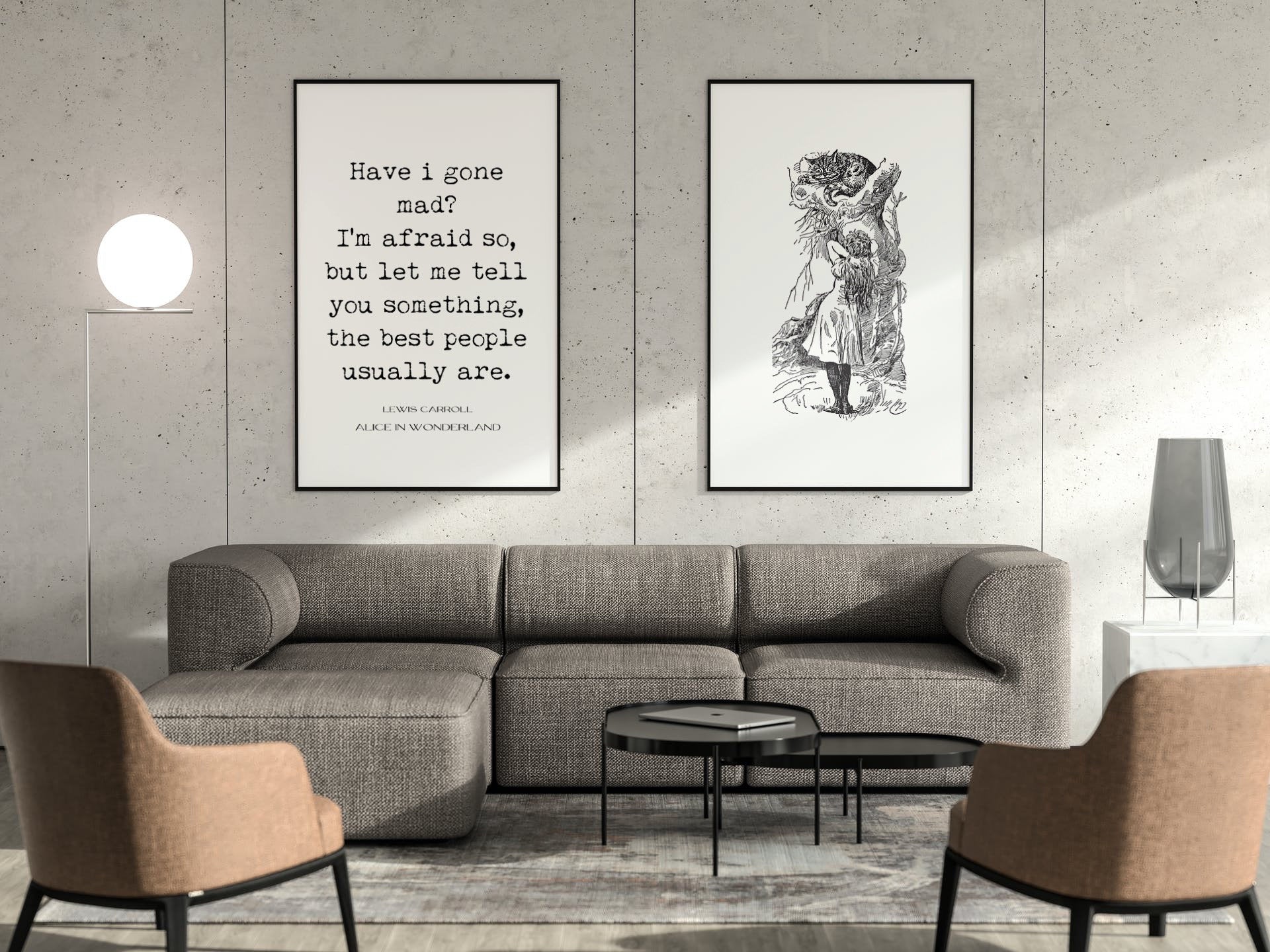 Print Set Alice in Wonderland Wall Art, Lewis Carroll Cheshire Cat Quote Print