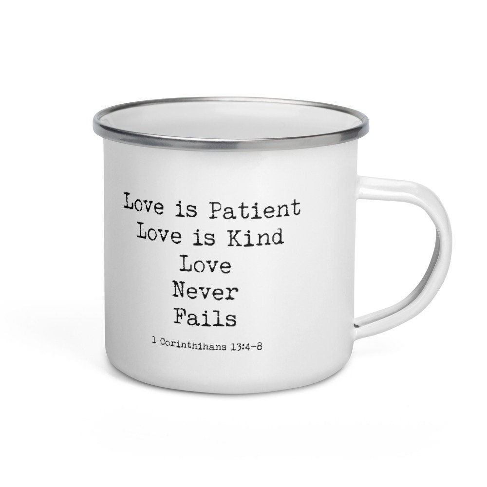 Love Never Fails Enamel Coffee Mug, Scripture Tea Mug Christian Gifts