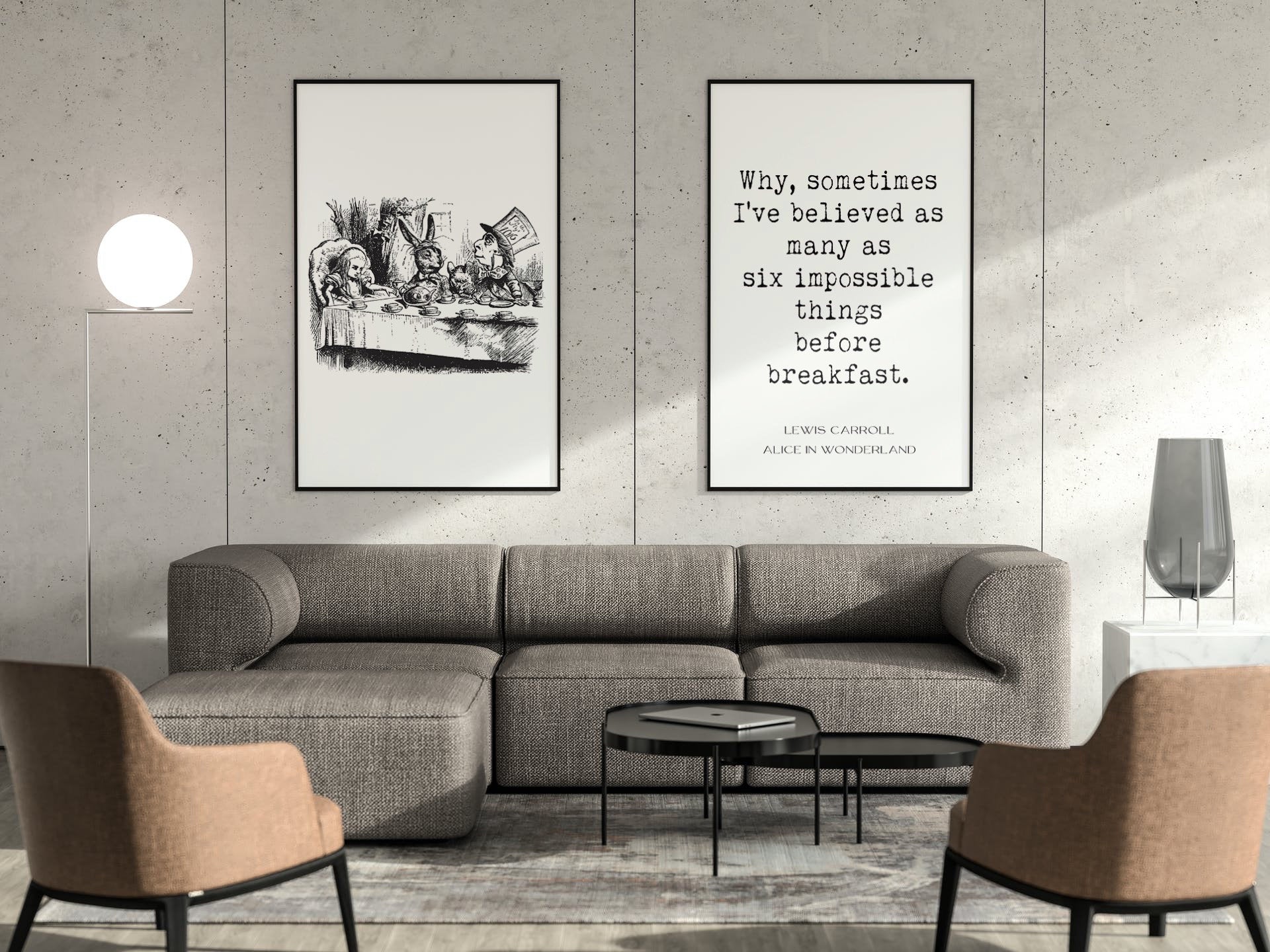 Alice in Wonderland Wall Art Print Set, Lewis Carroll Cheshire Cat Quote Print