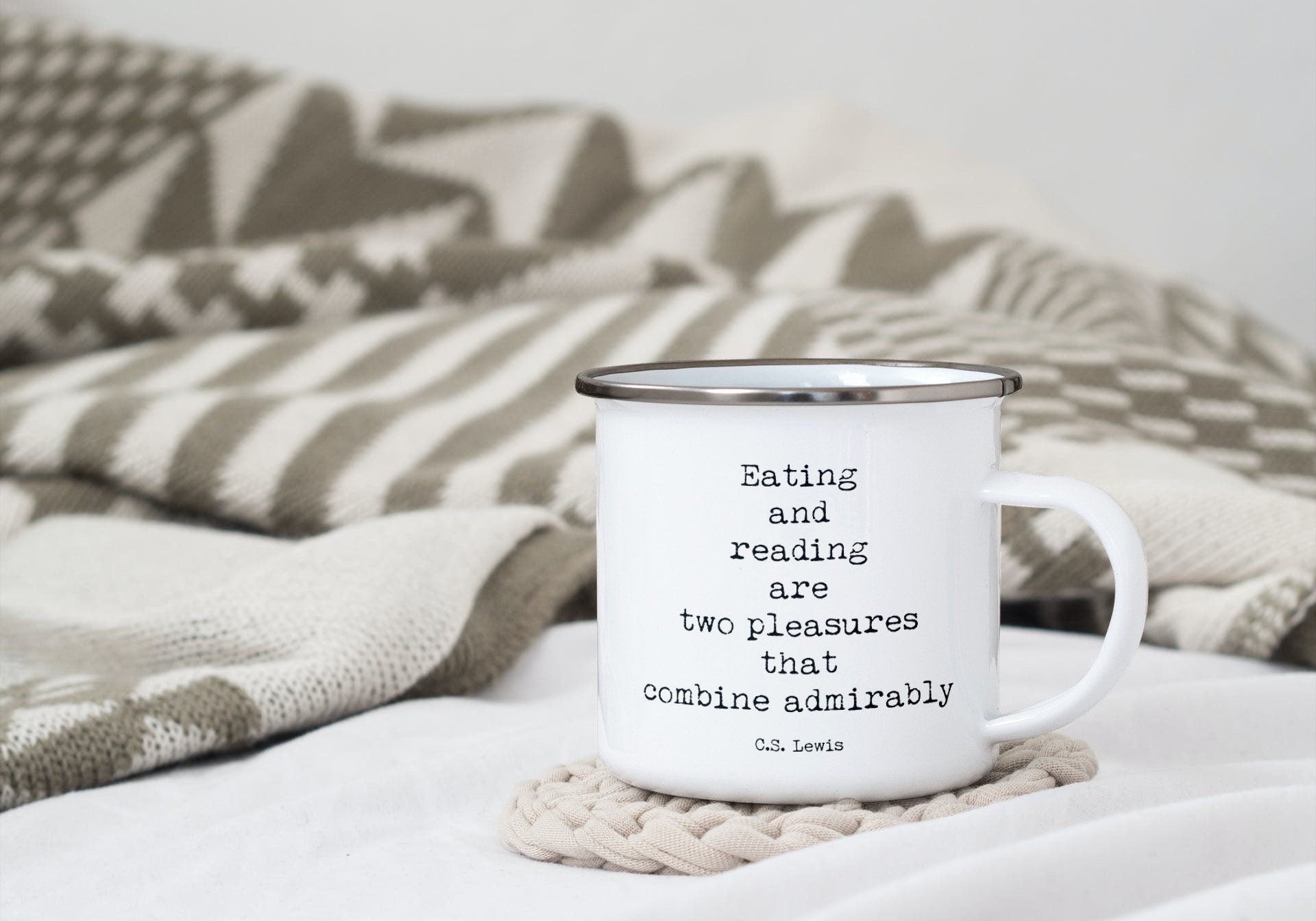 Enamel Camping Mug Eating & Reading Are Two Pleasures That Combine Admirably, CS Lewis Coffee Mug
