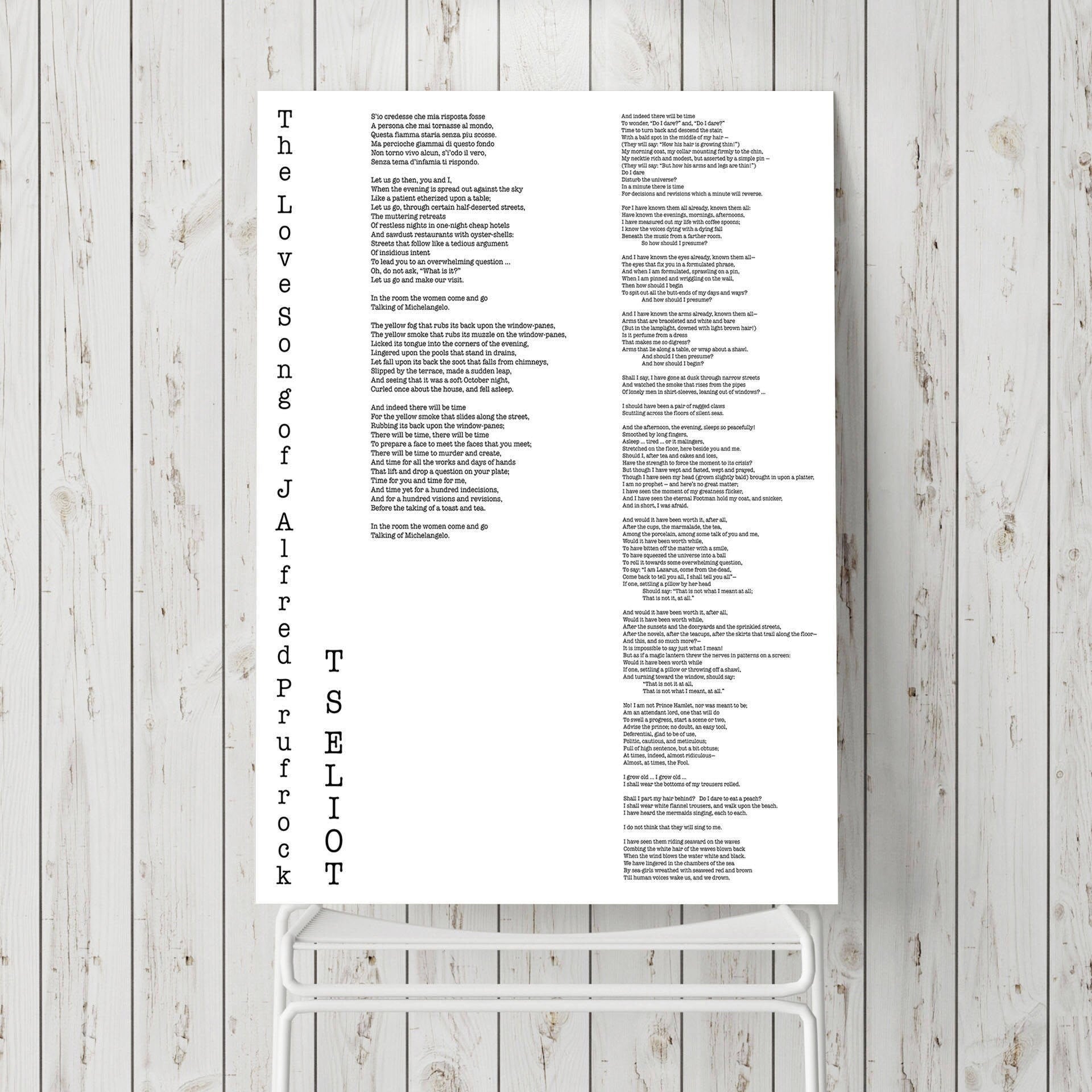 T.S. Eliot Love Song of J. Alfred Prufrock Wall Art Print, Poetry Quote Art Typography Poem Print