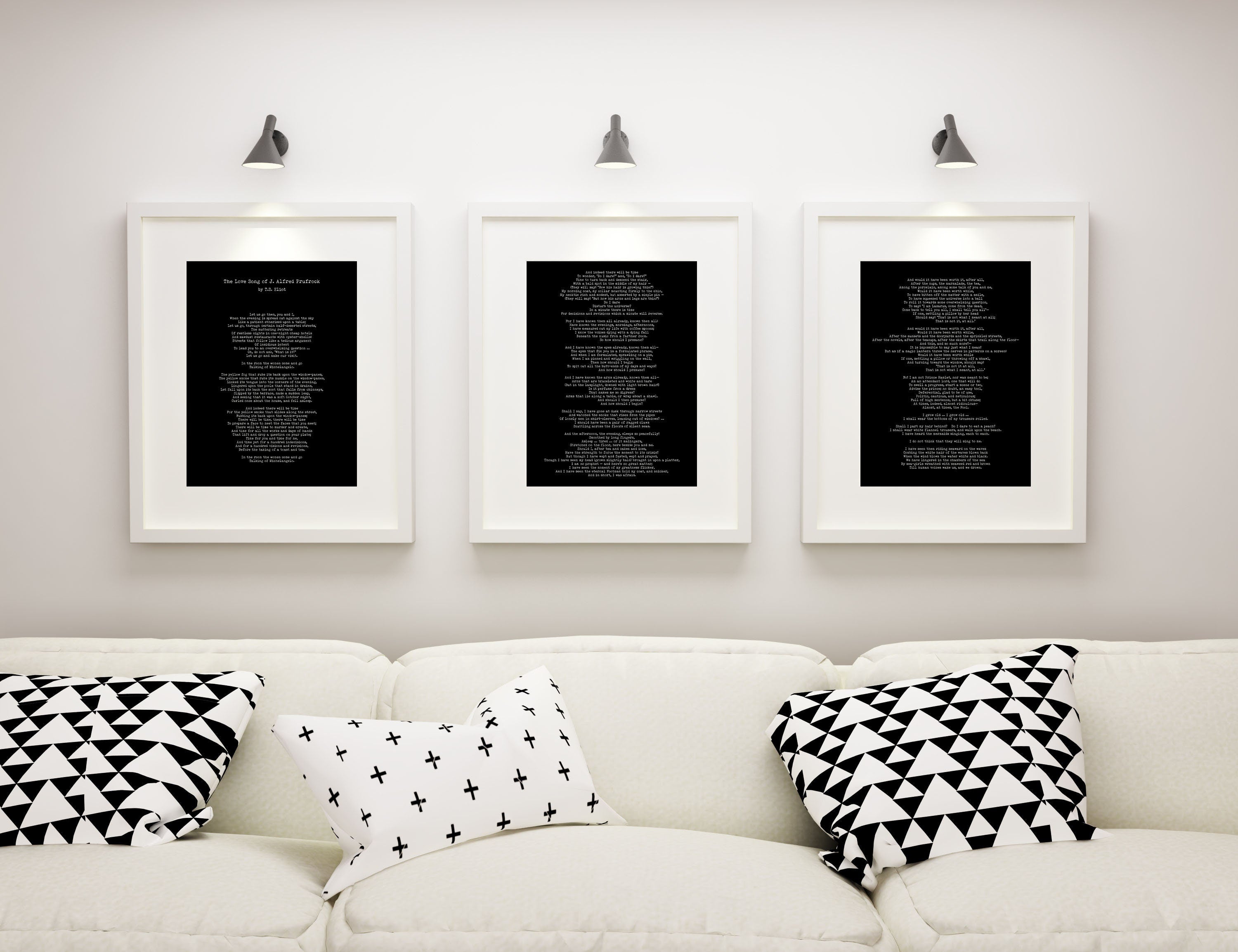 The Love Song of J. Alfred Prufrock by T S Eliot in Black & White, unframed Wall Art Print Set of 3 for Living Room or Bedroom Wall Decor