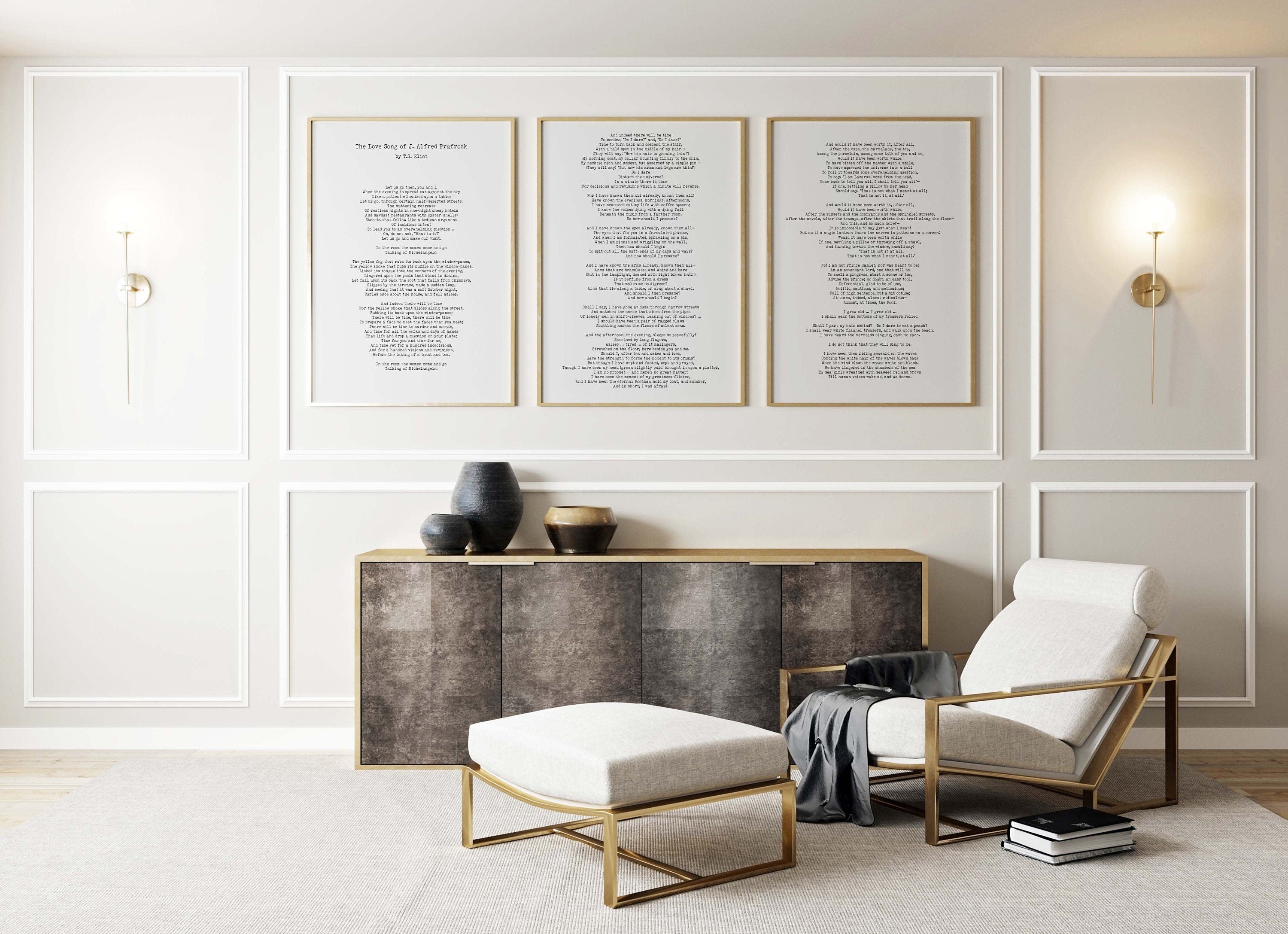 The Love Song of J. Alfred Prufrock by T S Eliot in Black & White, unframed Wall Art Print Set of 3 for Living Room or Bedroom Wall Decor