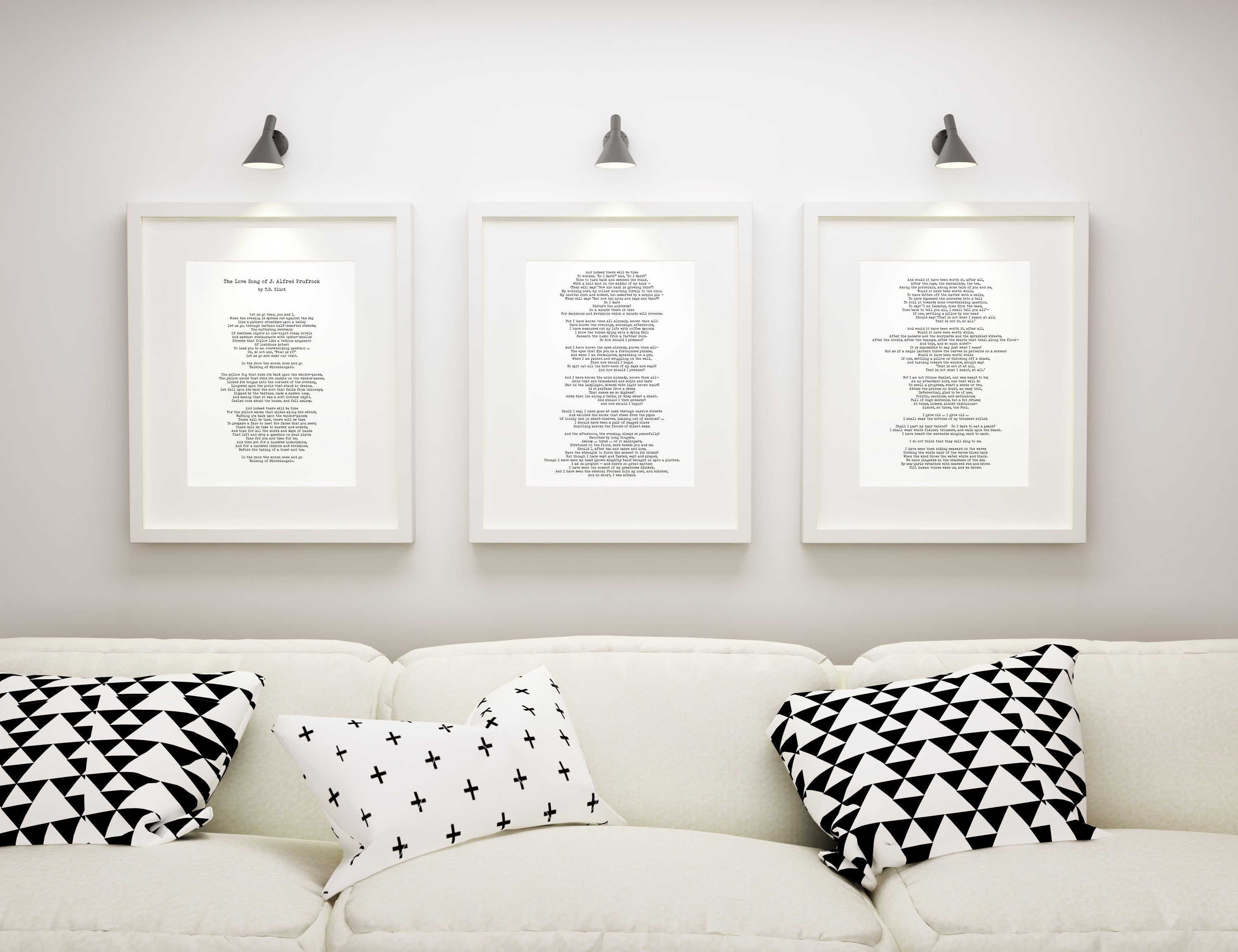 The Love Song of J. Alfred Prufrock by T S Eliot in Black & White, unframed Wall Art Print Set of 3 for Living Room or Bedroom Wall Decor