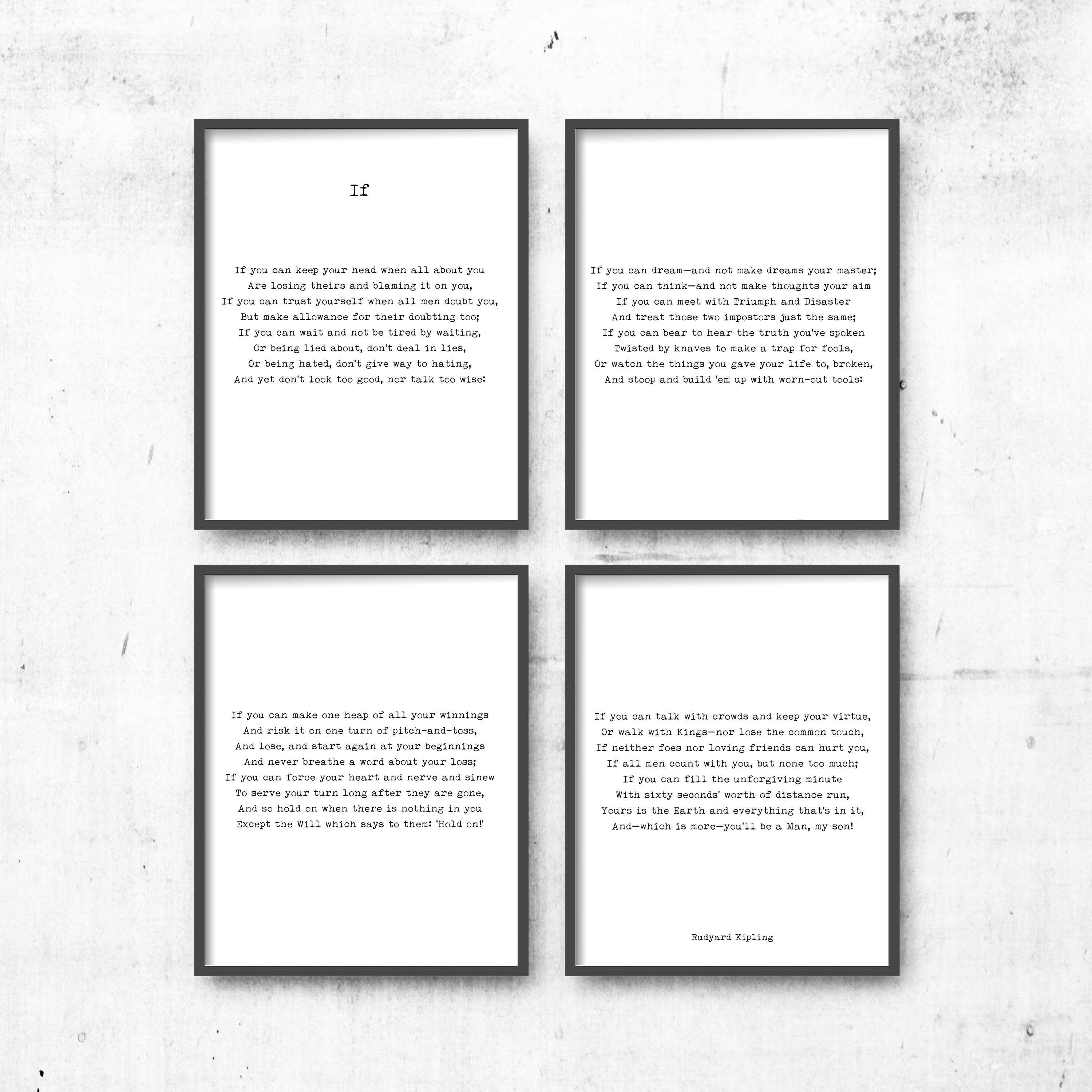 IF Rudyard Kipling Poem Prints Set of 4, Unframed Black & White Art Inspirational Wall Decor