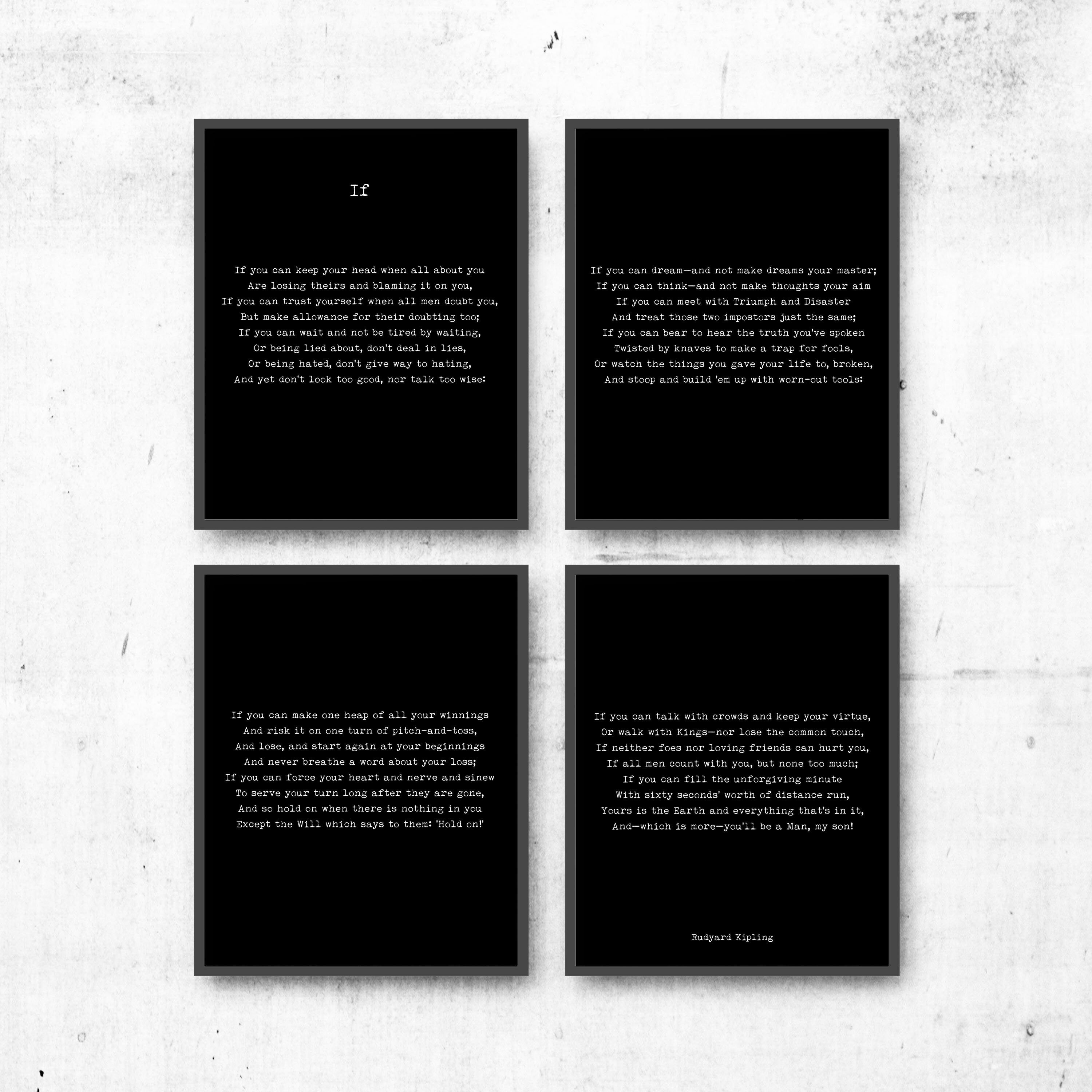 IF Rudyard Kipling Poem Prints Set of 4, Unframed Black & White Art Inspirational Wall Decor