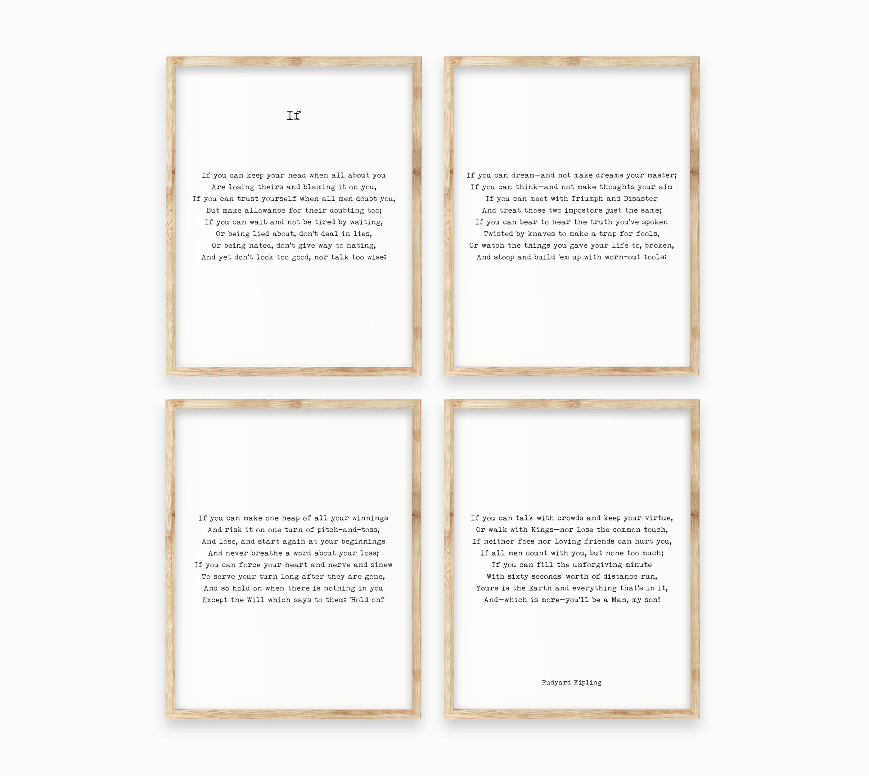 IF Rudyard Kipling Poem Prints Set of 4, Unframed Black & White Art Inspirational Wall Decor