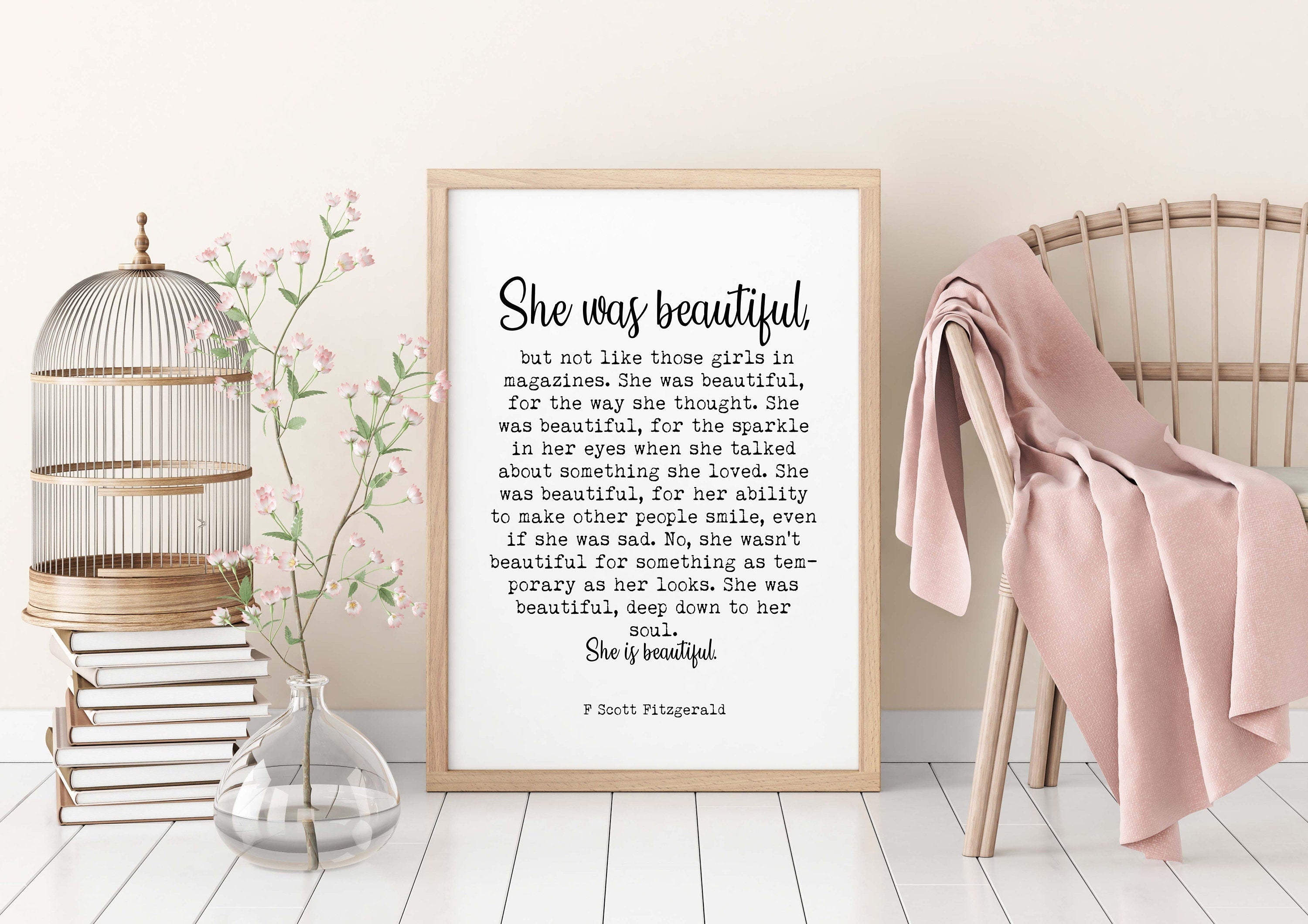 She Was Beautiful F Scott Fitzgerald Quote Inspirational Print Gift, Typography Black & White Art