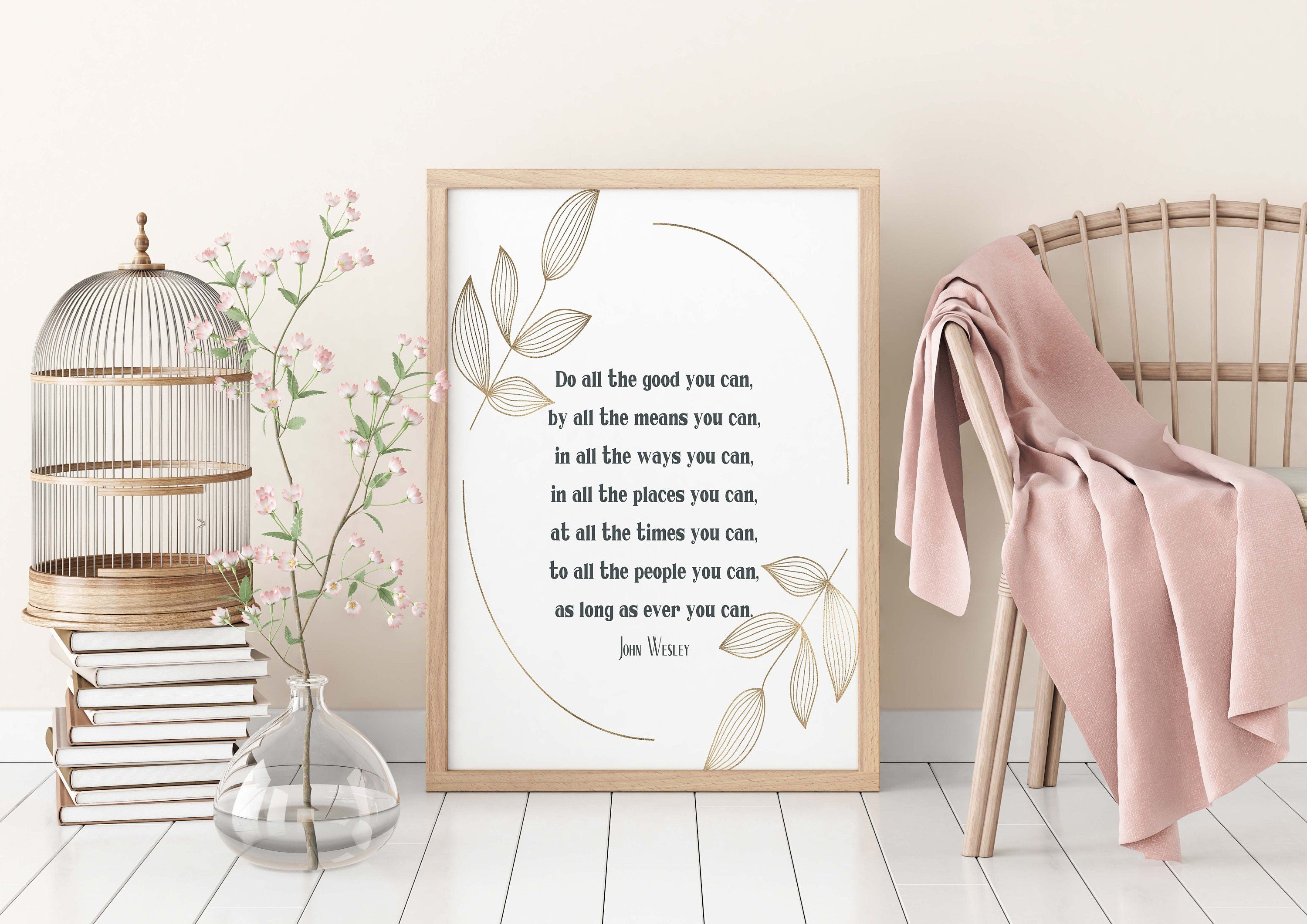 Do All The Good You Can Quote Print in Grey White and Gold, John Wesley Inspirational Quote Wall Art Print Unframed or Framed