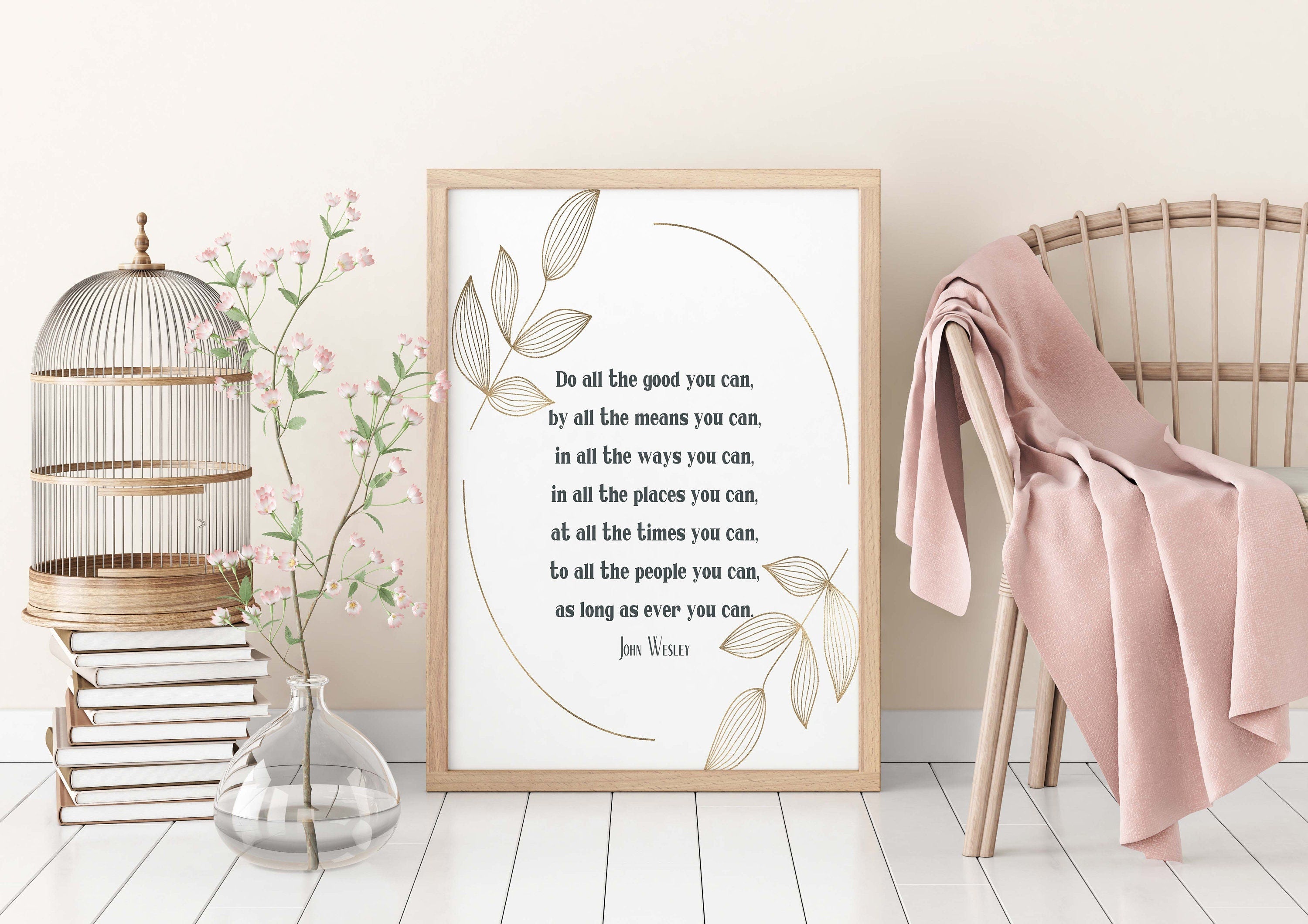 Do All The Good You Can Quote Print in Grey White and Gold, John Wesley Inspirational Quote Wall Art Print Unframed or Framed