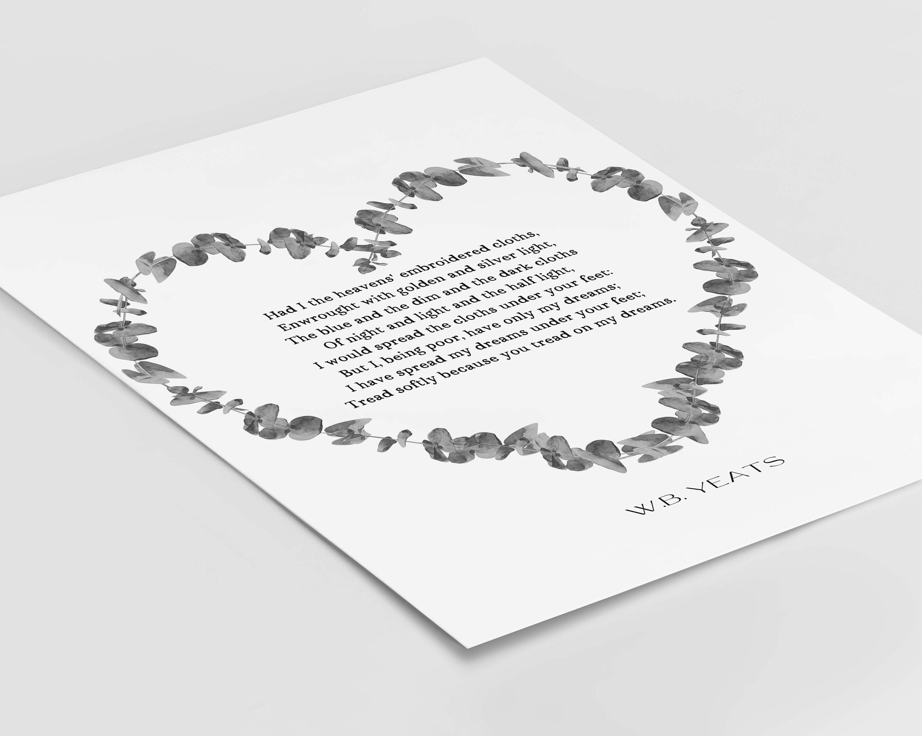 W B Yeats The Cloths Of Heaven Anniversary Gift Love Poem, Unframed and Framed Romantic Wall Print for Bedroom Decor