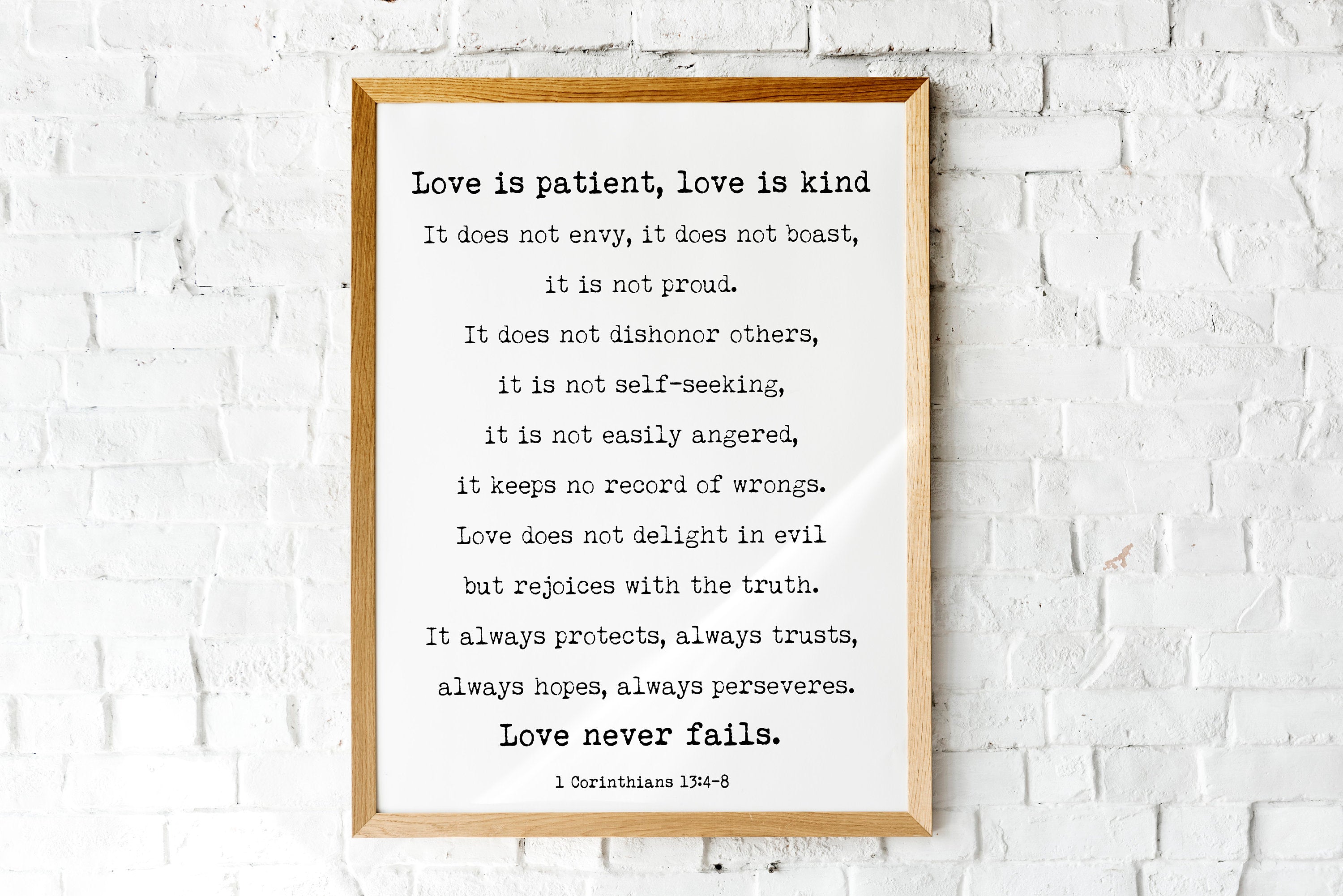 Corinthians 13 Quote Print, Love is Patient Love Never Fails Wall Art Print in Black & White