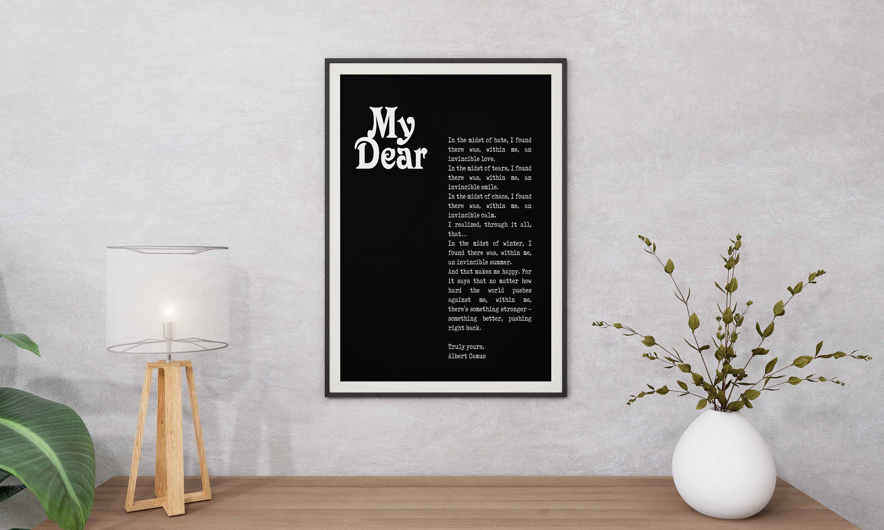 Albert Camus Invincible Summer Black & White Art, Inspirational Artwork