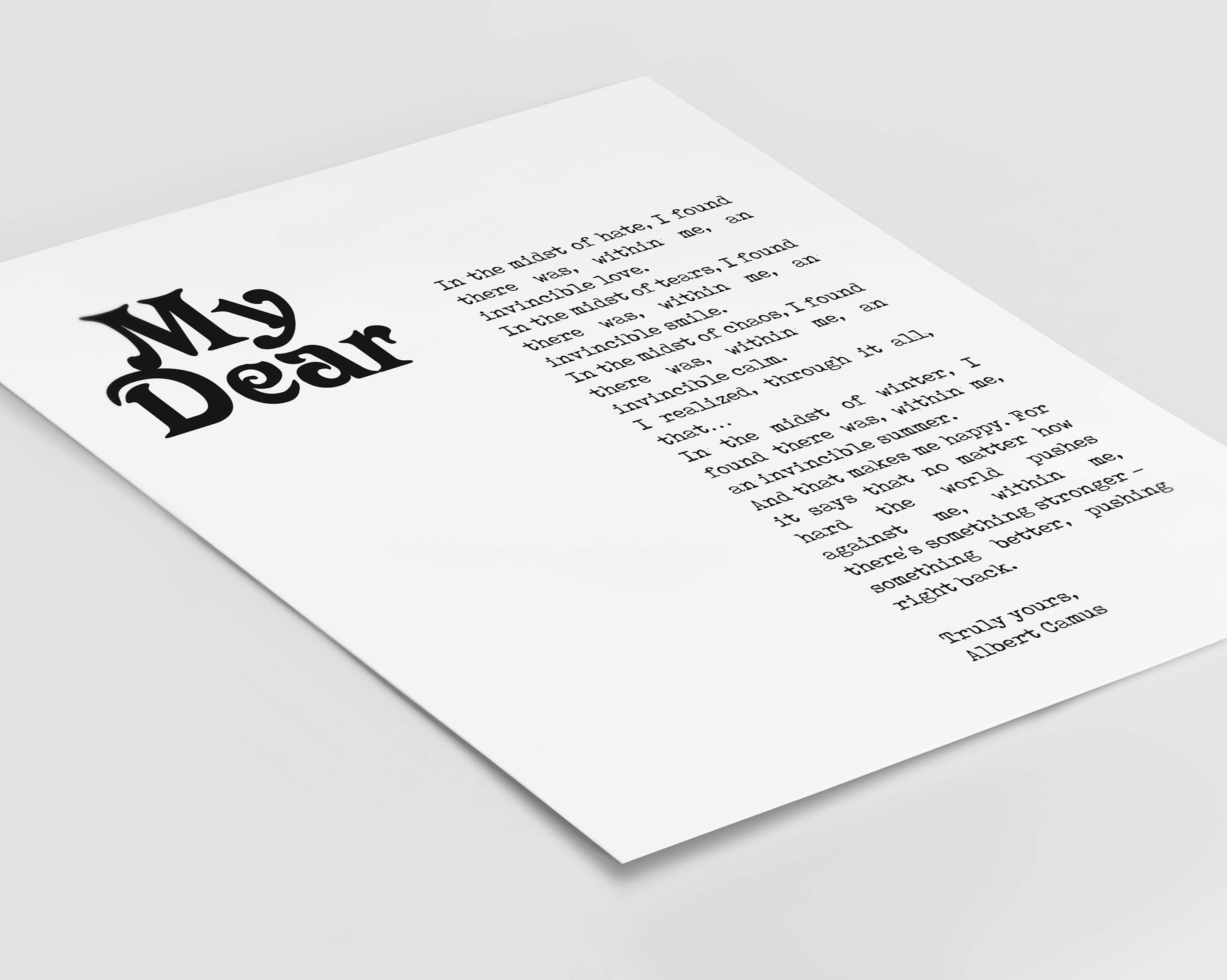 Albert Camus Invincible Summer Black & White Art, Inspirational Artwork