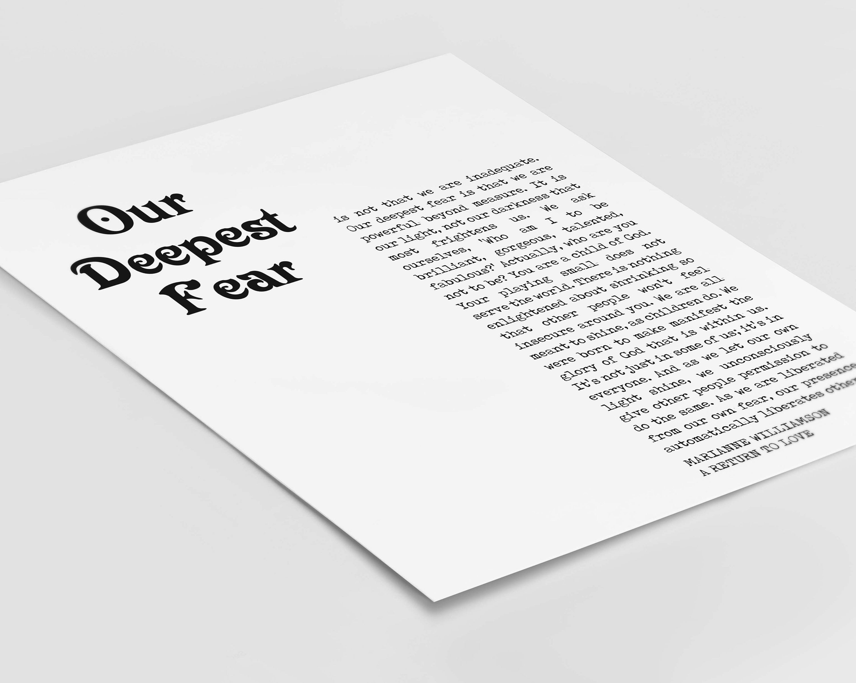 Our Deepest Fear Quote Print, Marianne Williamson Unframed Wall Art Prints in Black & White Inspirational Gifts