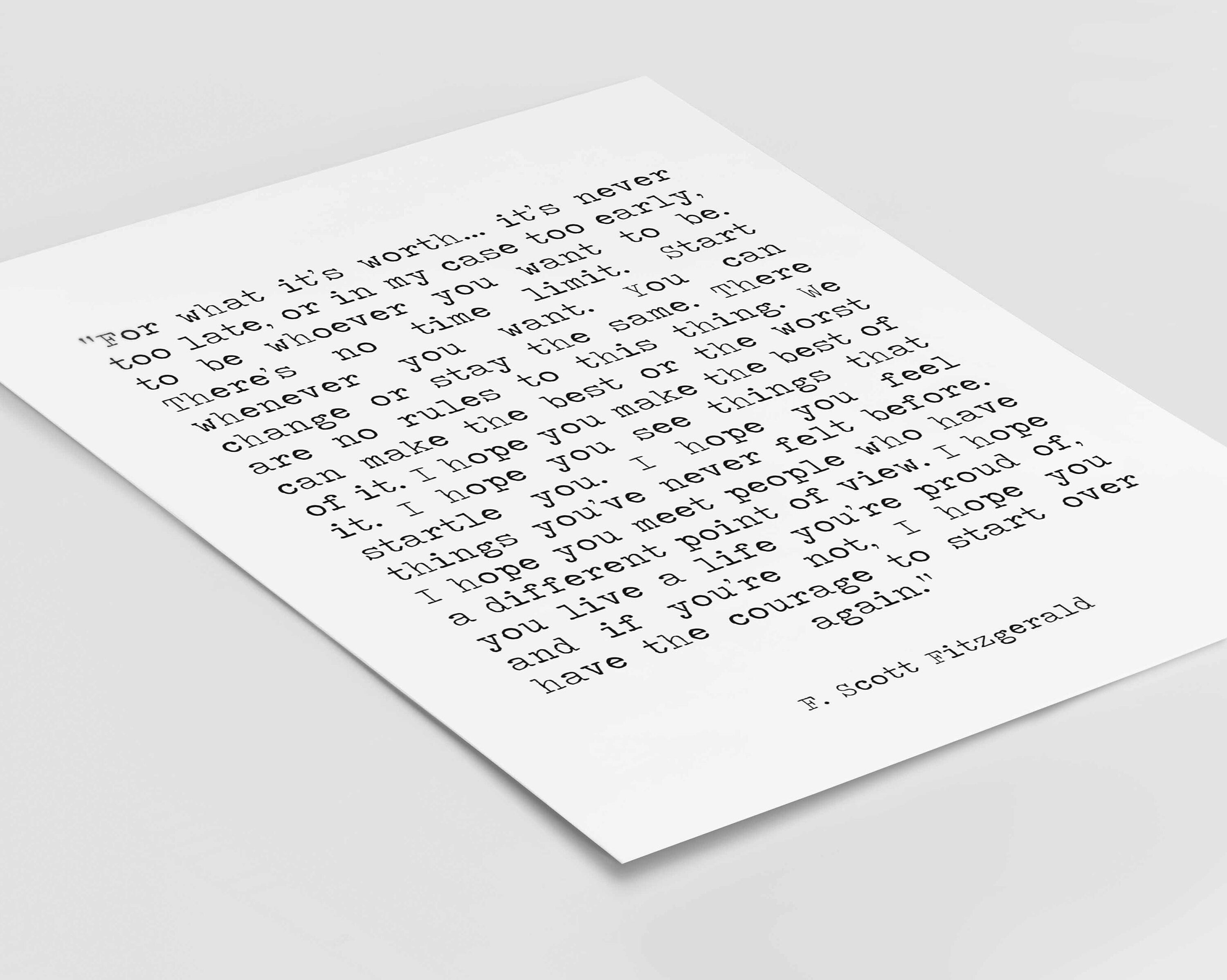 F Scott Fitzgerald For What It's Worth Quote Inspirational Print Gift, Typography Quote Print Unframed or Framed Art