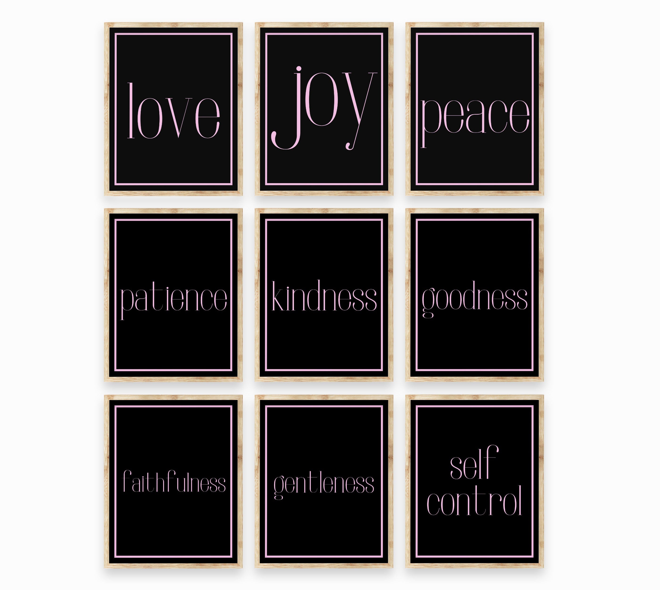 Galatians Fruits of the Spirit Love Joy Peace Wall Art Print Set, Unframed Prints in Black & White for Wall Decor