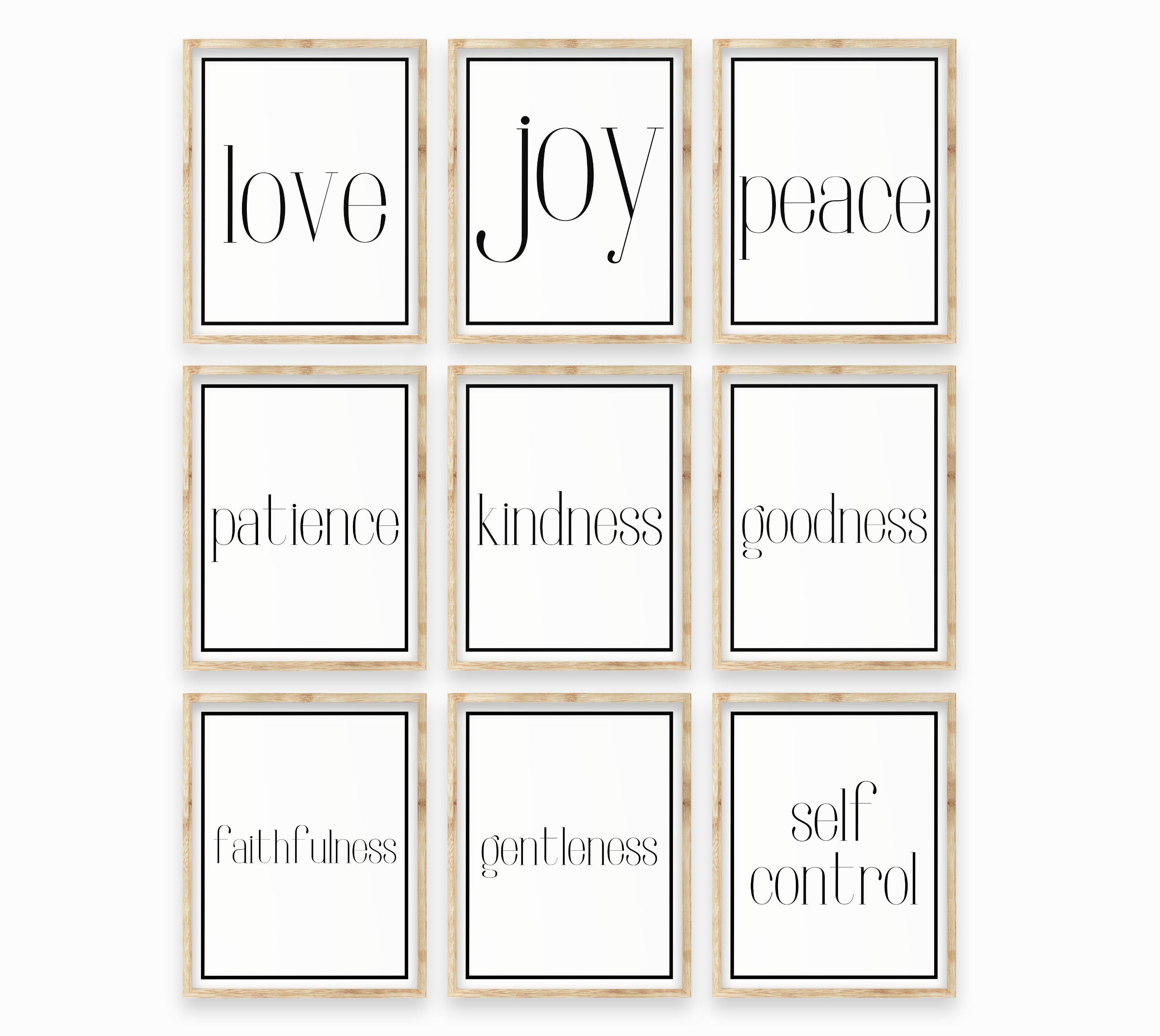 Galatians Fruits of the Spirit Love Joy Peace Wall Art Print Set, Unframed Prints in Black & White for Wall Decor