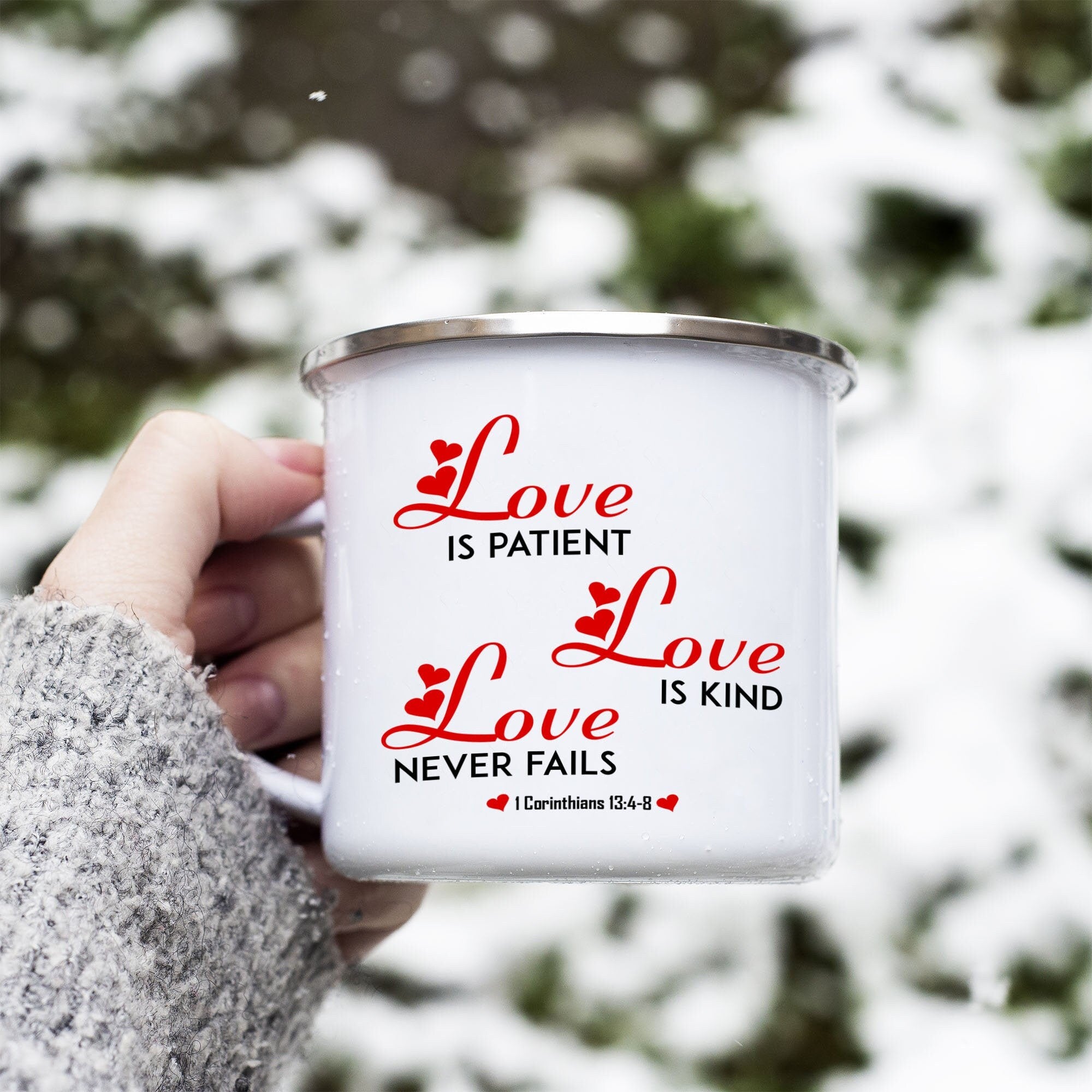 Corinthians 13 Love Is Enamel Coffee Mug, Camping Mug Christian Gifts - 12oz