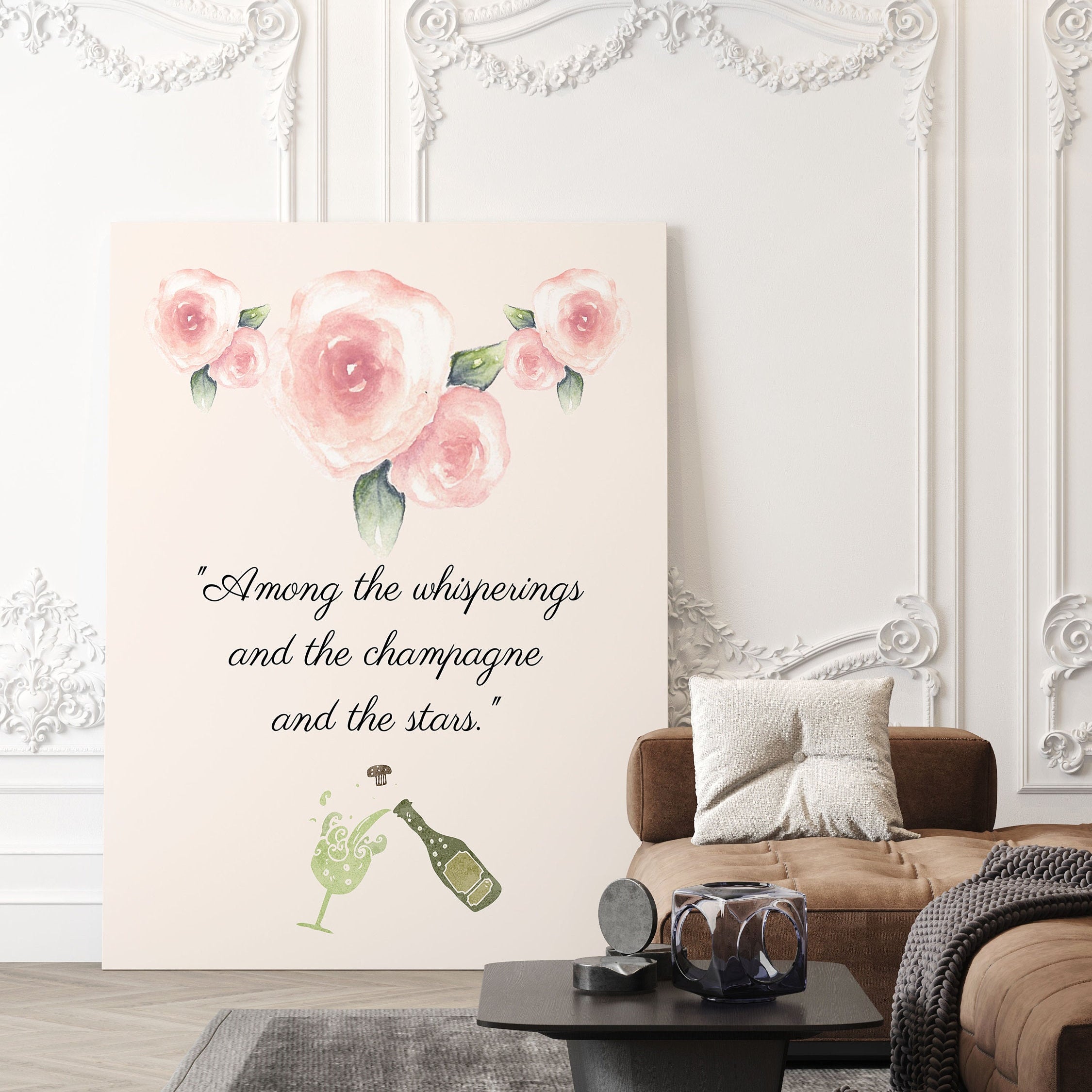 F Scott Fitzgerald Quote Champagne and Stars Great Gatsby Print in Green and Blush Pink for Living Room Decor