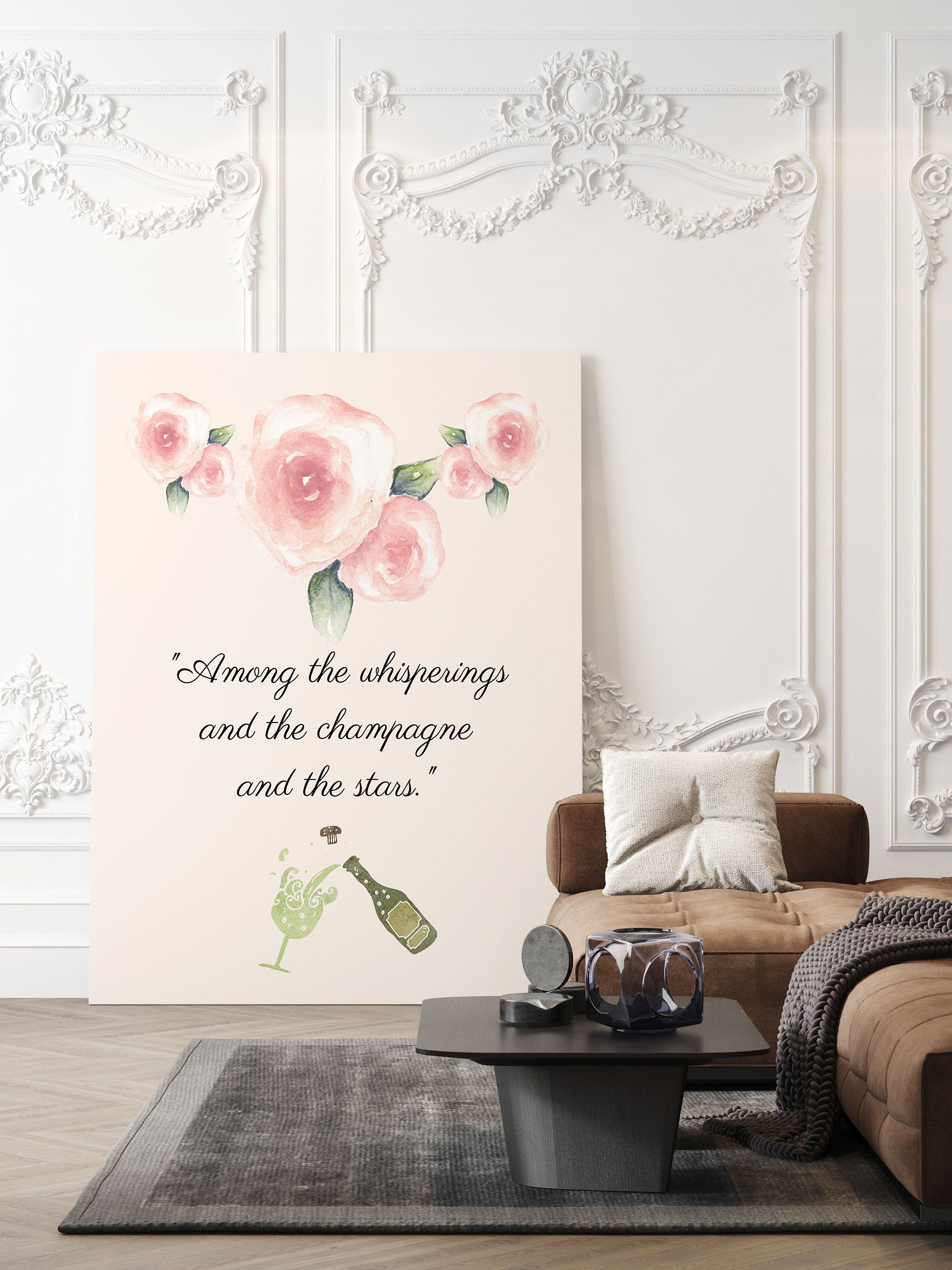 F Scott Fitzgerald Quote Champagne and Stars Great Gatsby Print in Green and Blush Pink for Living Room Decor