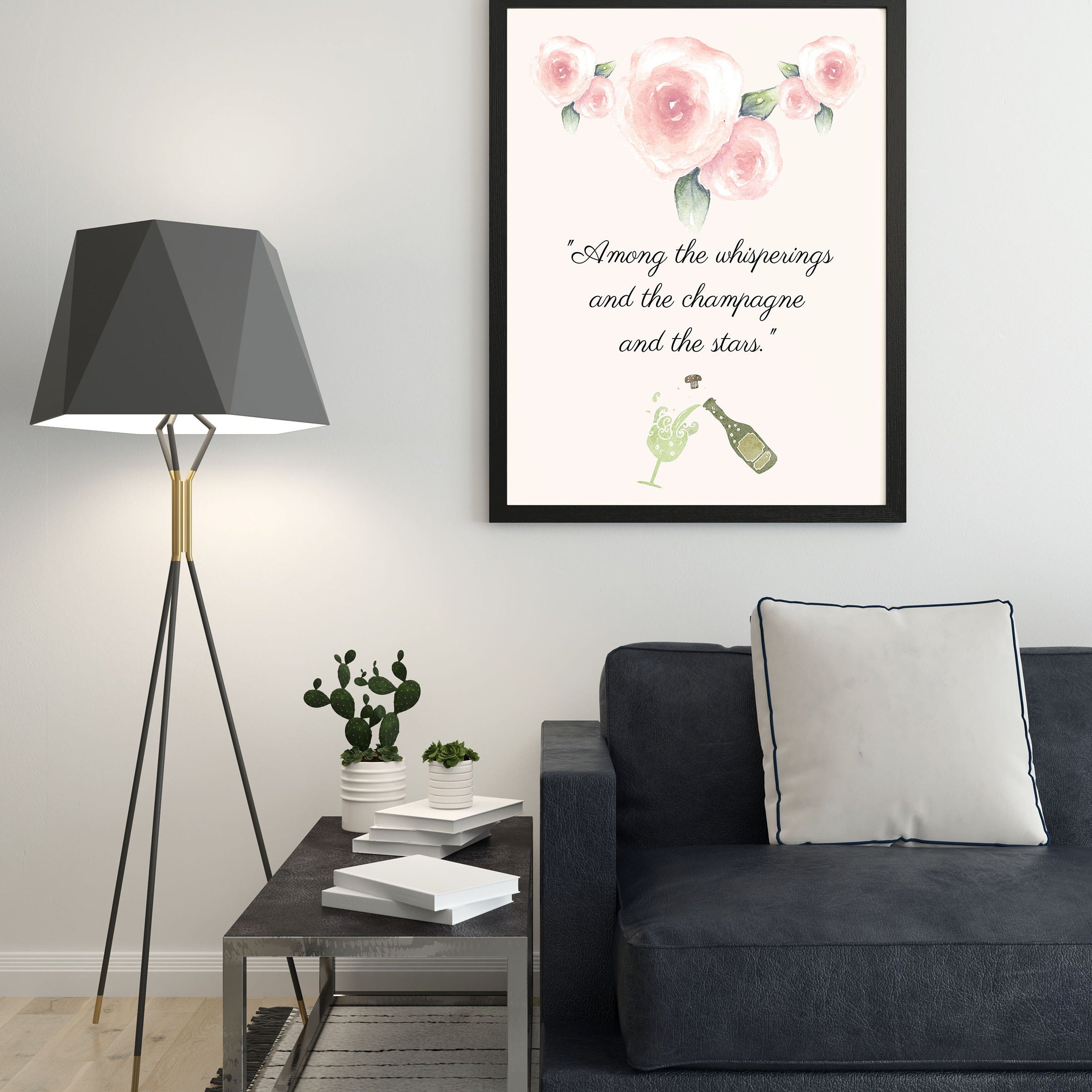 F Scott Fitzgerald Quote Champagne and Stars Great Gatsby Print in Green and Blush Pink for Living Room Decor