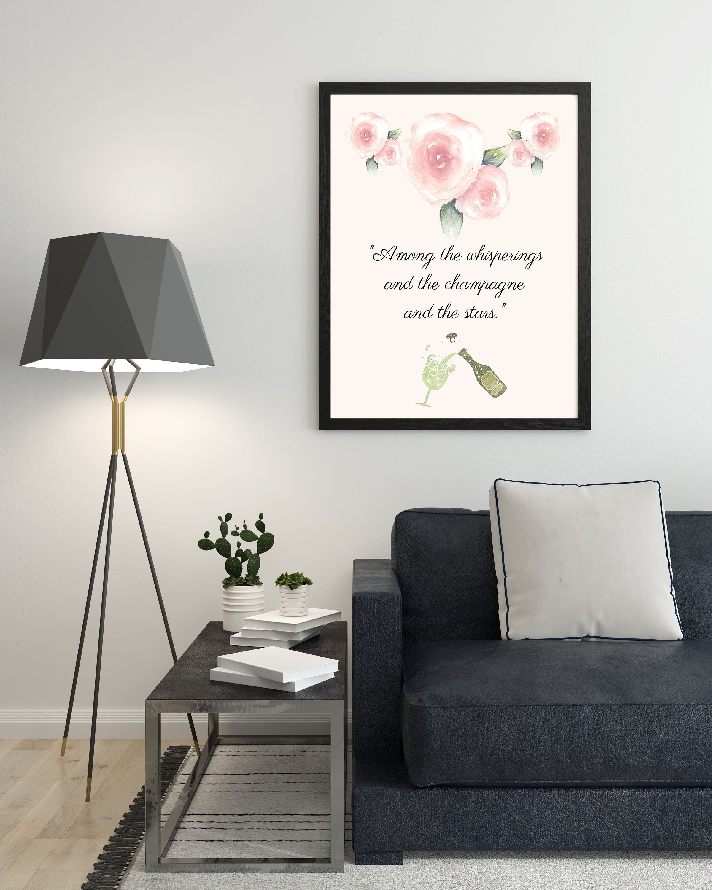 F Scott Fitzgerald Quote Champagne and Stars Great Gatsby Print in Green and Blush Pink for Living Room Decor