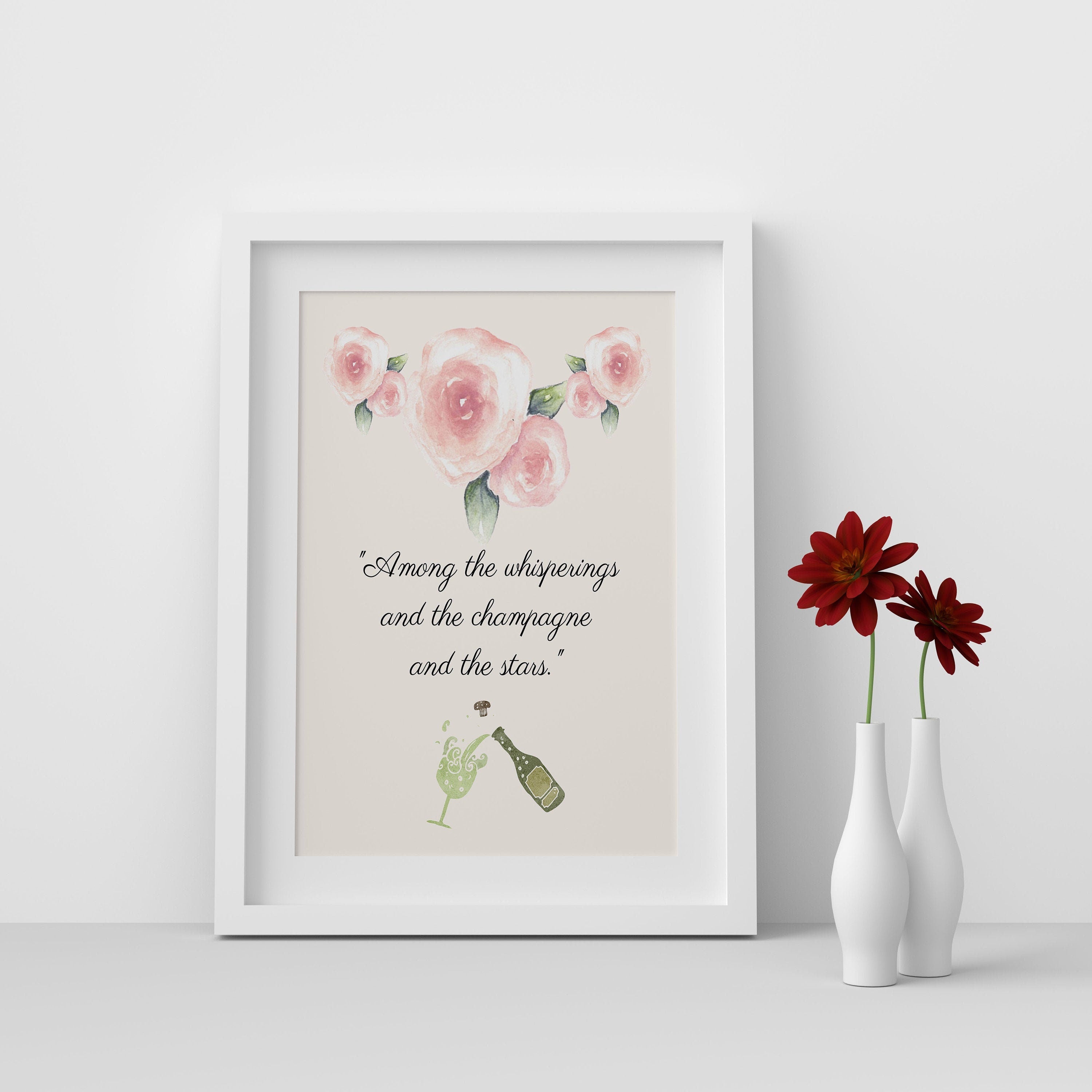 F Scott Fitzgerald Quote Champagne and Stars Great Gatsby Print in Green and Blush Pink for Living Room Decor