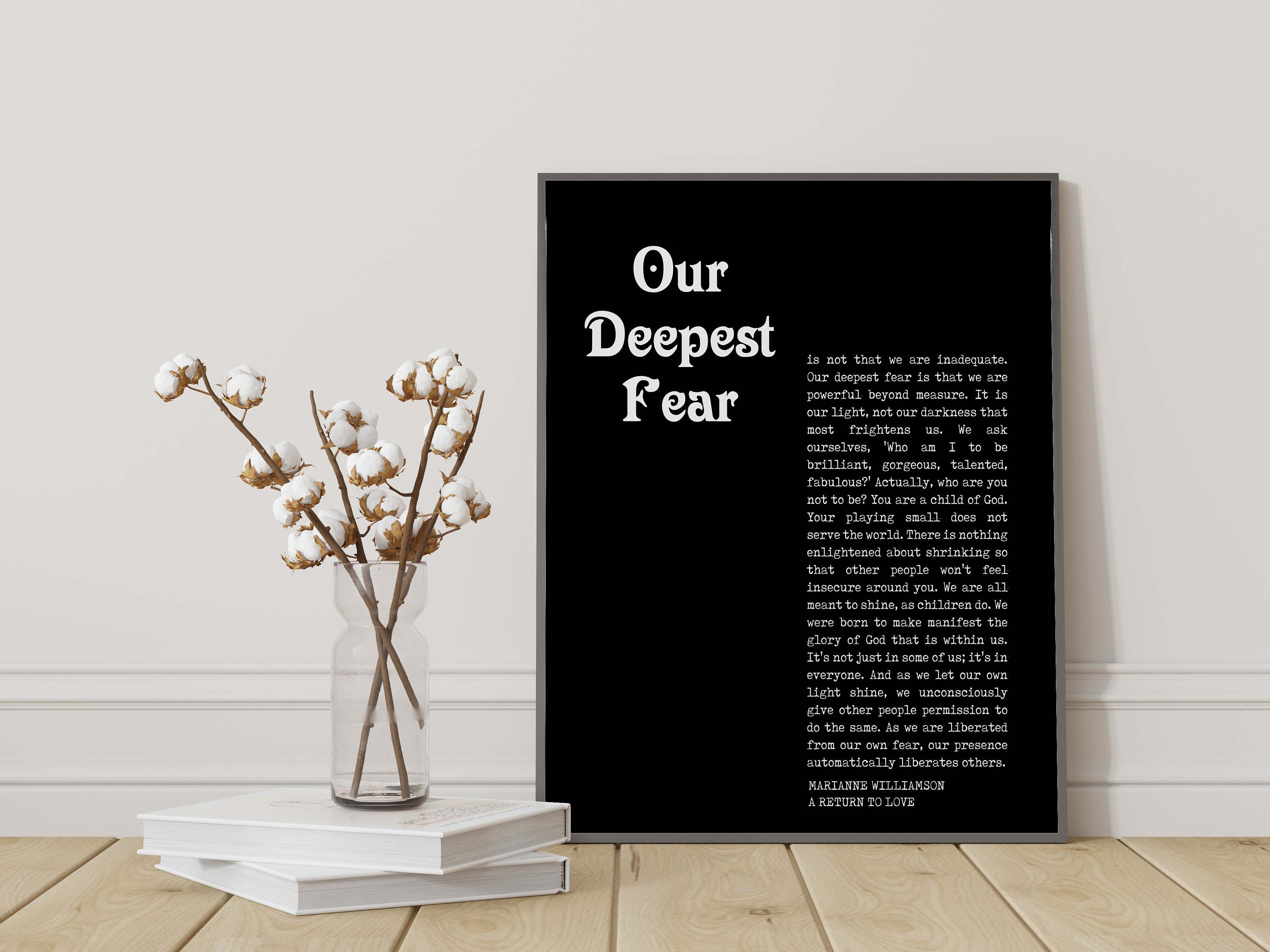 Our Deepest Fear Quote Print, Marianne Williamson Unframed Wall Art Prints in Black & White Inspirational Gifts